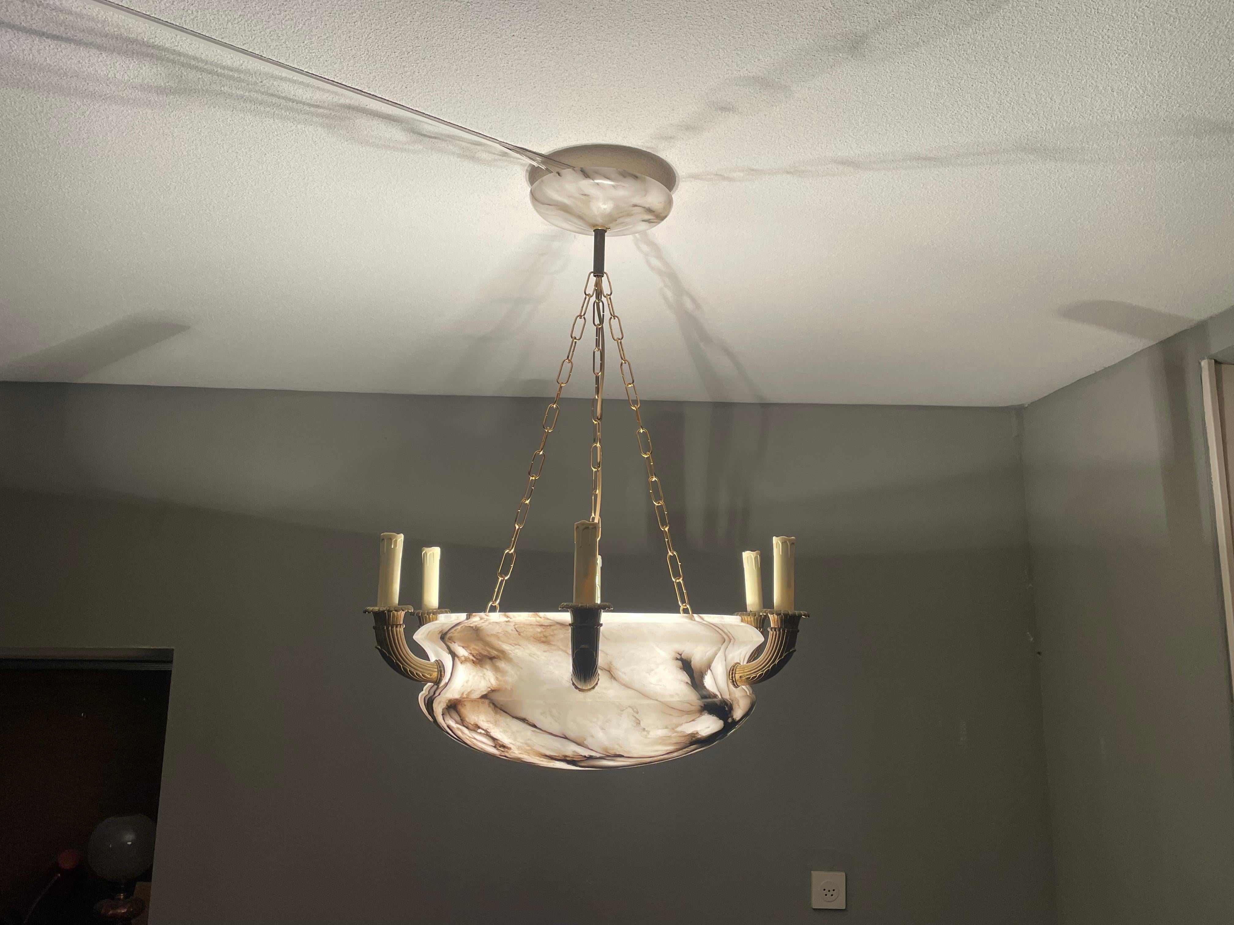 Antique & Large Classical Revival Alabaster & Gilt Bronze Chandelier / Pendant 9