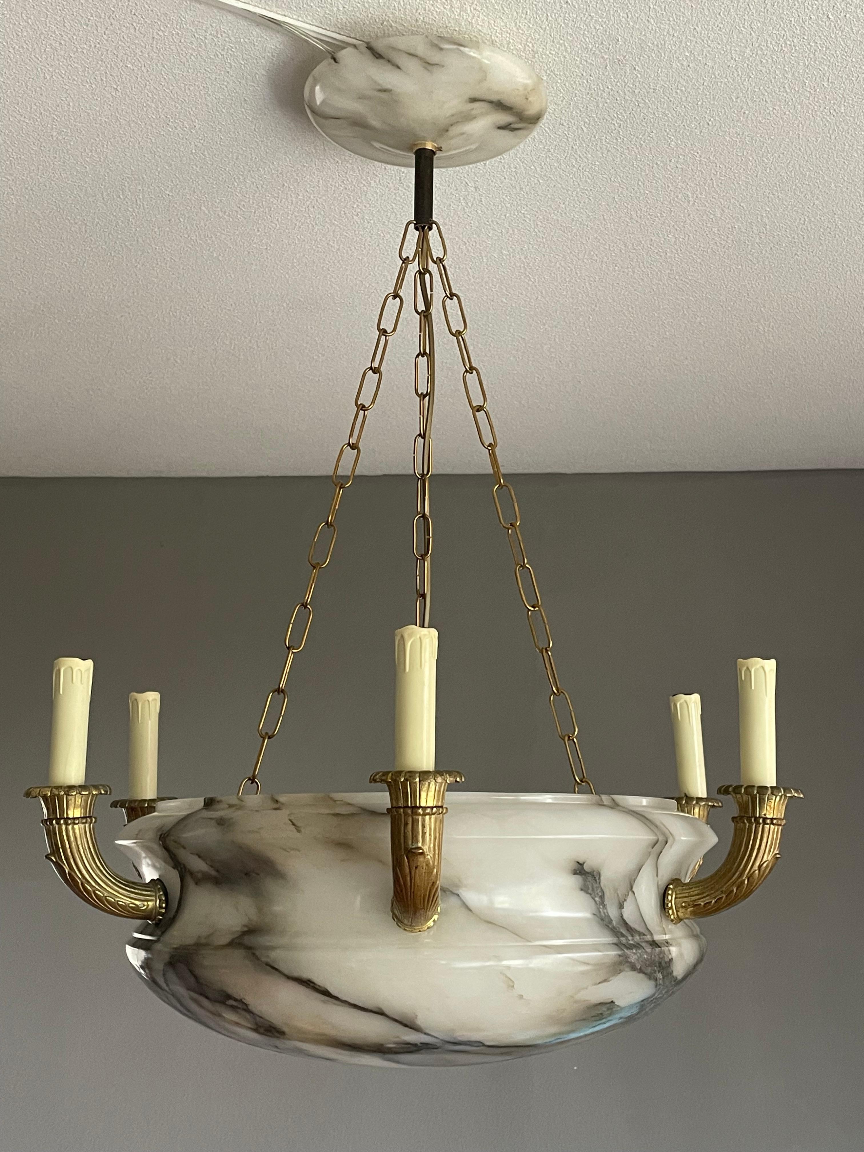 Neoclassical Revival Antique & Large Classical Revival Alabaster & Gilt Bronze Chandelier / Pendant
