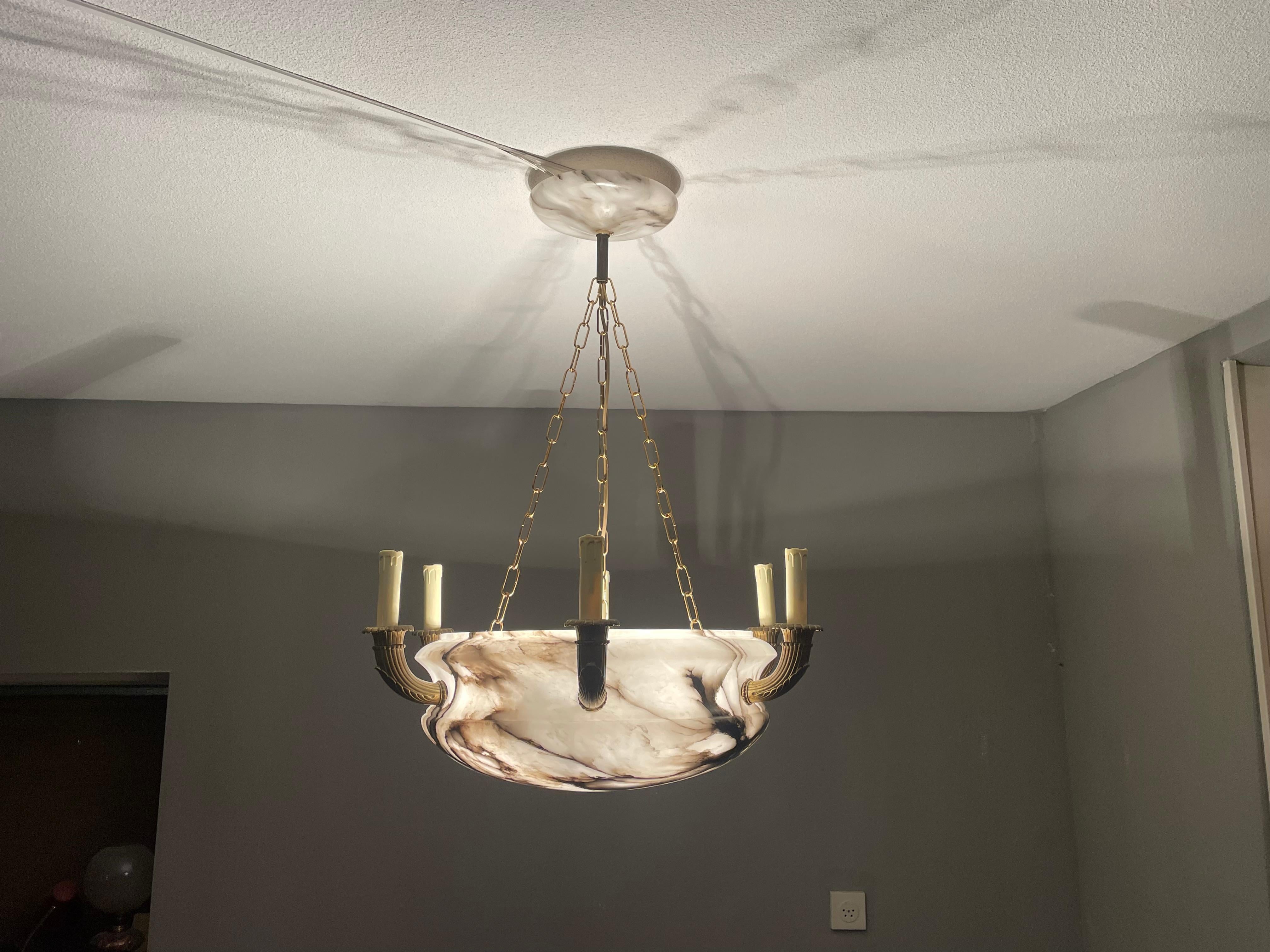 European Antique & Large Classical Revival Alabaster & Gilt Bronze Chandelier / Pendant