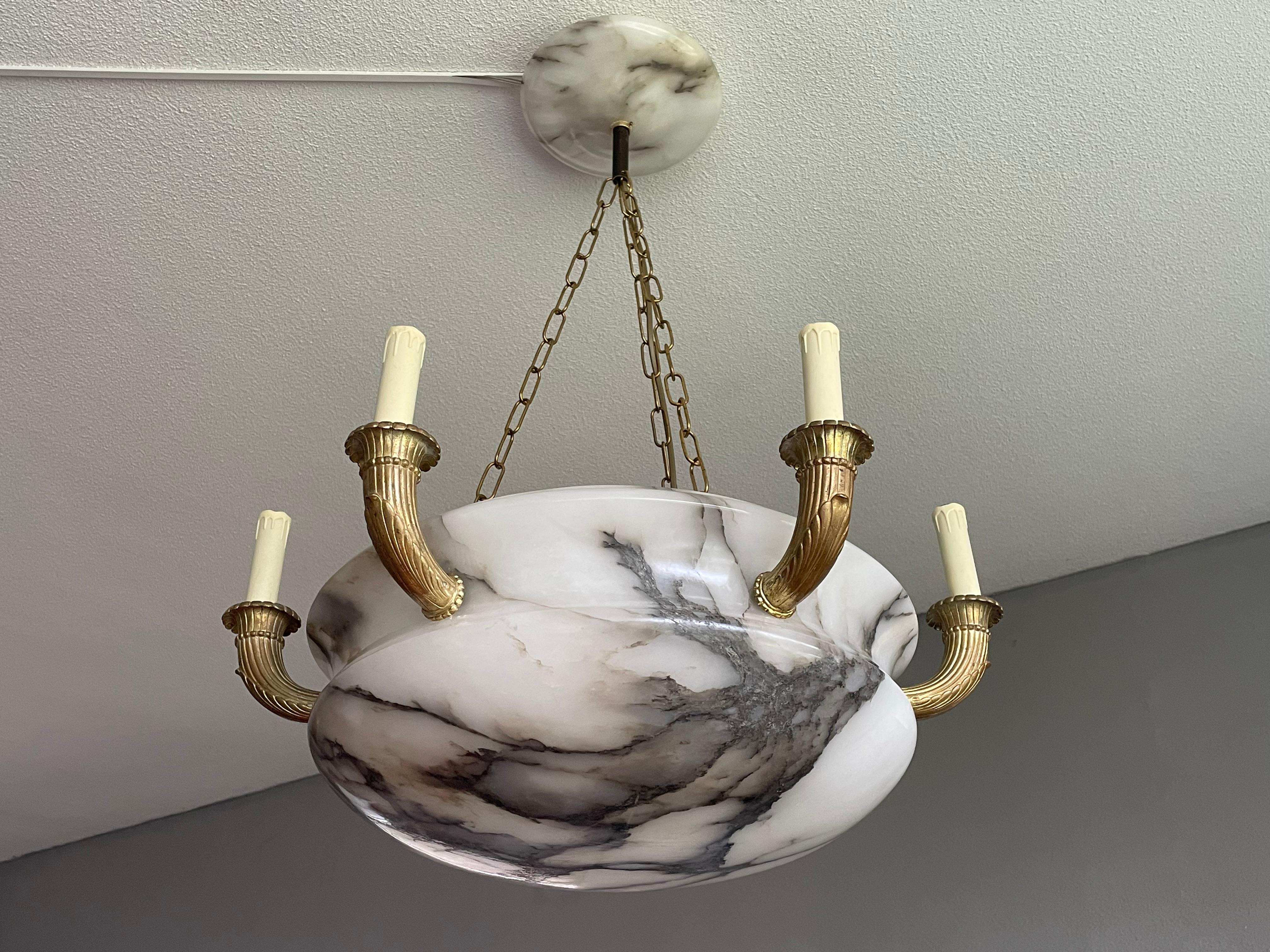 Polished Antique & Large Classical Revival Alabaster & Gilt Bronze Chandelier / Pendant
