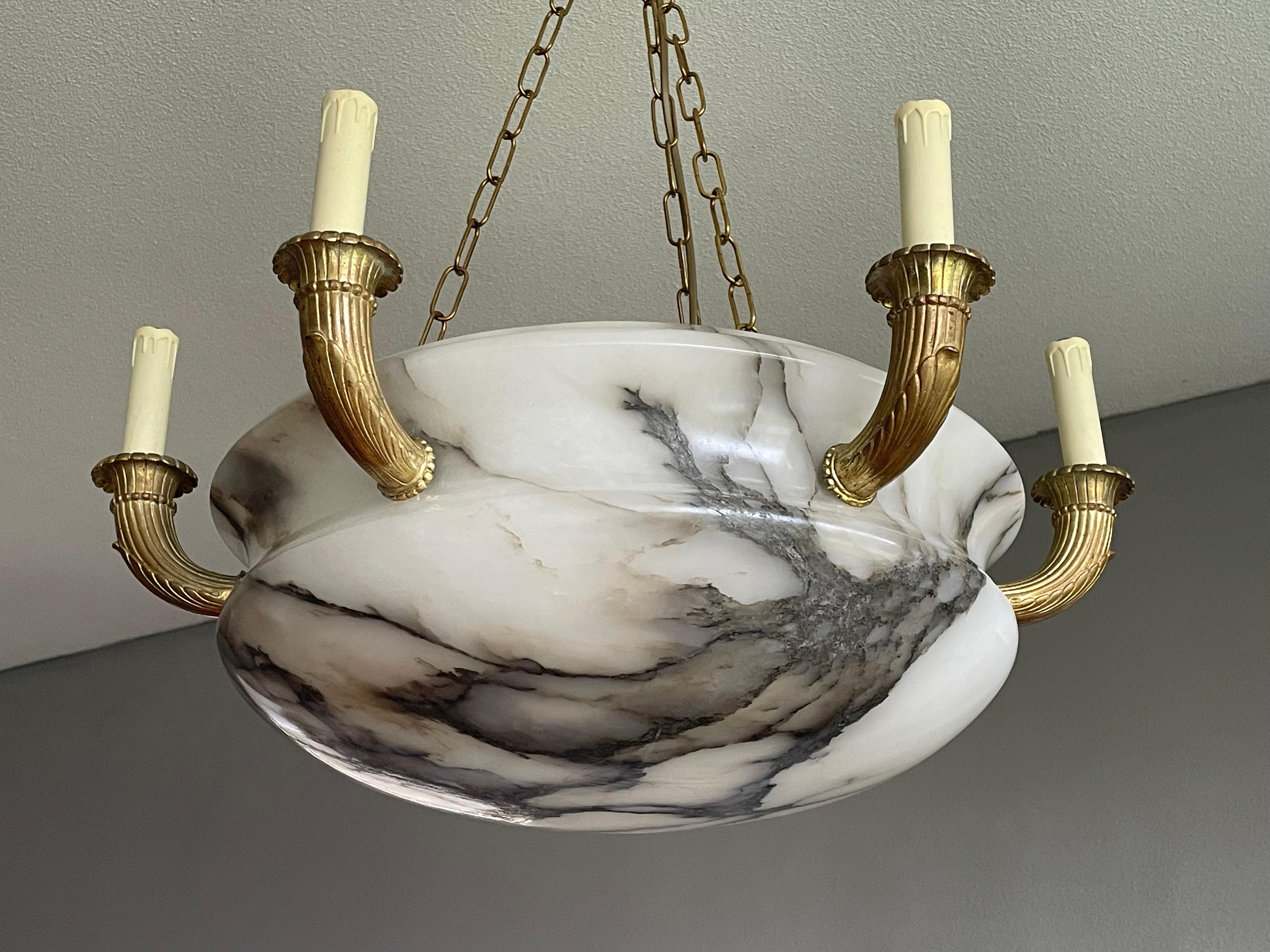 20th Century Antique & Large Classical Revival Alabaster & Gilt Bronze Chandelier / Pendant