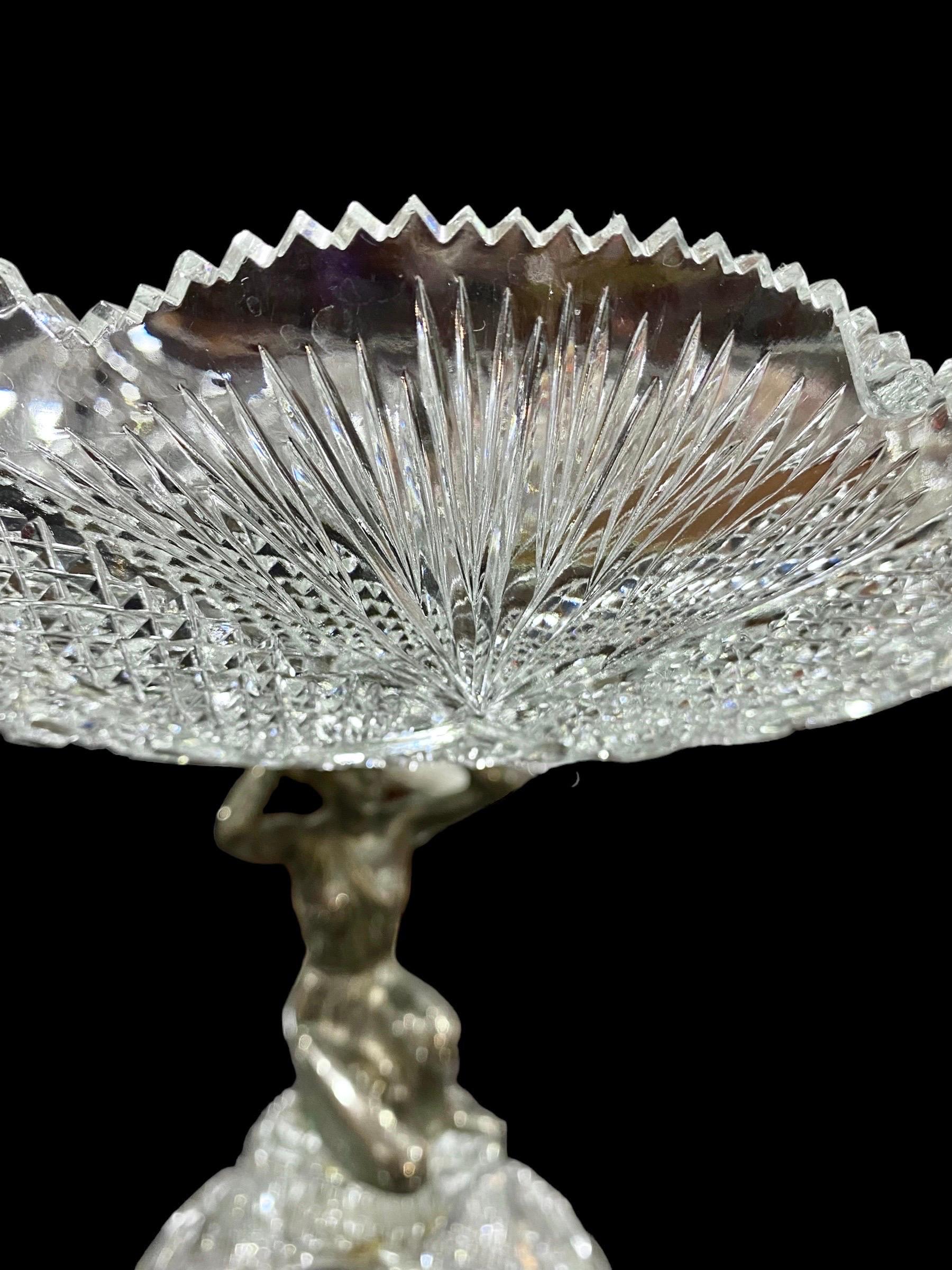 Silver Plate Antique Large Clear Cut Crystal Centerpiece Compote