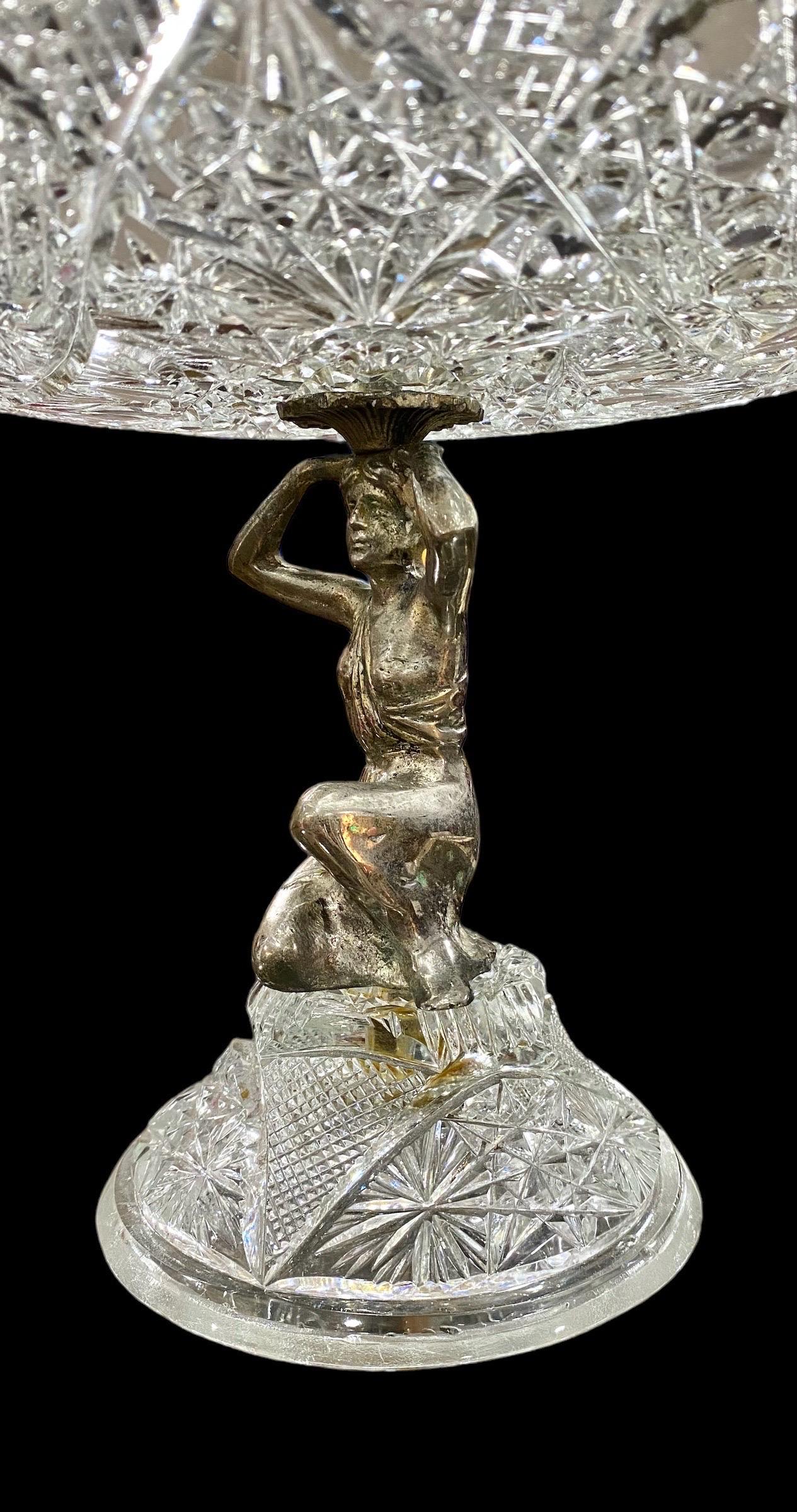 Faceted Antique Large Clear Cut Crystal Centerpiece Compote