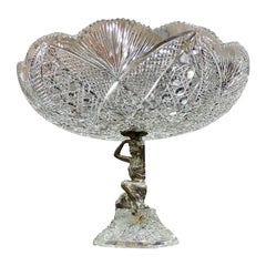 Antique Large Clear Cut Crystal Centerpiece Compote