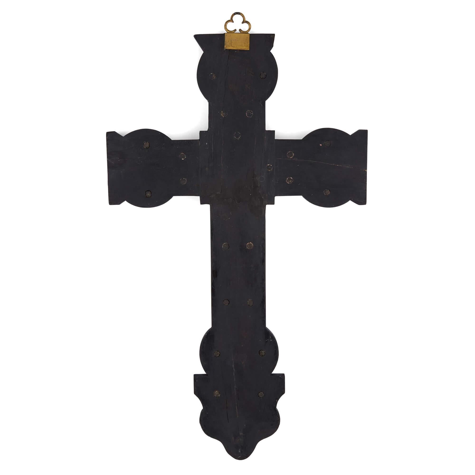 19th Century Antique Large Cloisonné Enamel Wall Crucifix with Font  For Sale