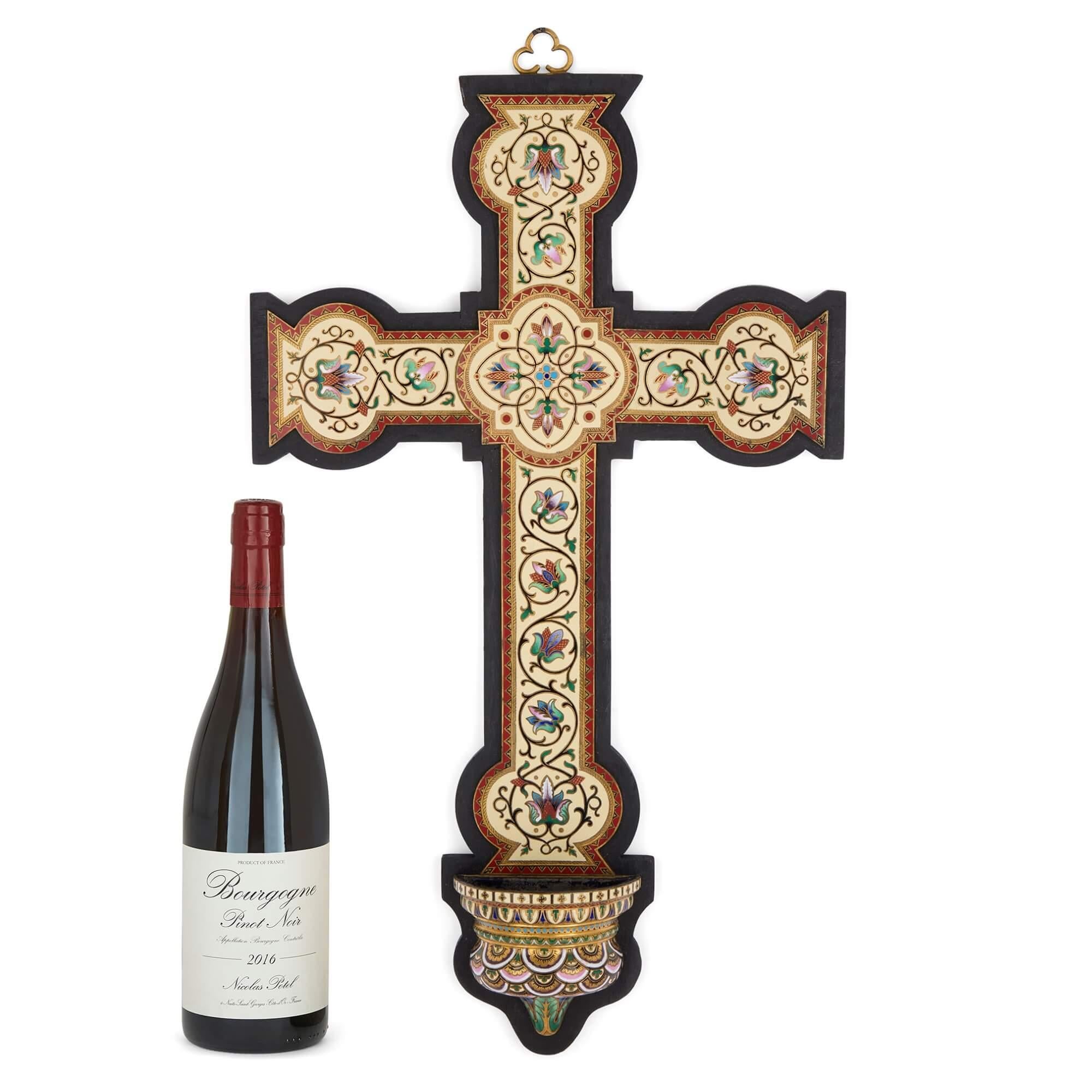 Antique Large Cloisonné Enamel Wall Crucifix with Font  For Sale 2