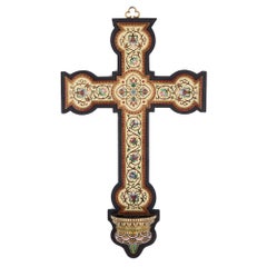 Antique Large Cloisonné Enamel Wall Crucifix with Font
