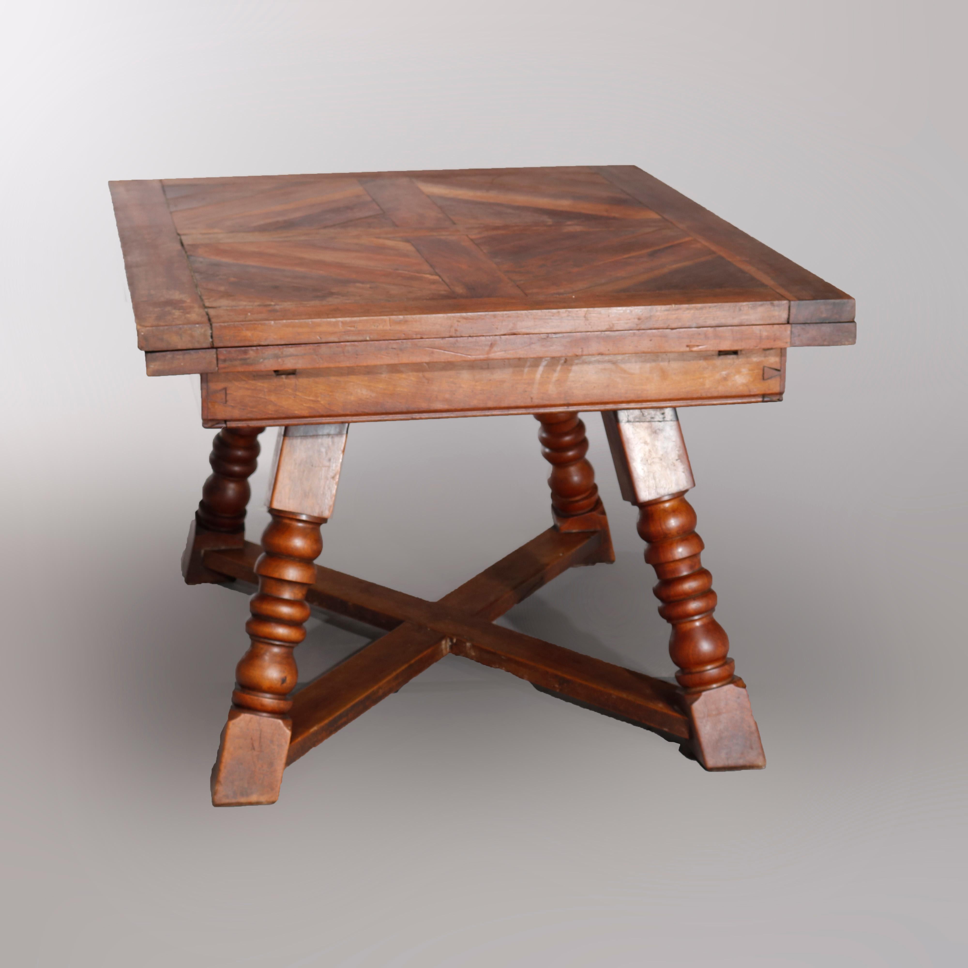European Large Continental Parquetry Inlaid Walnut Draw-Top Dining Table, circa 1900