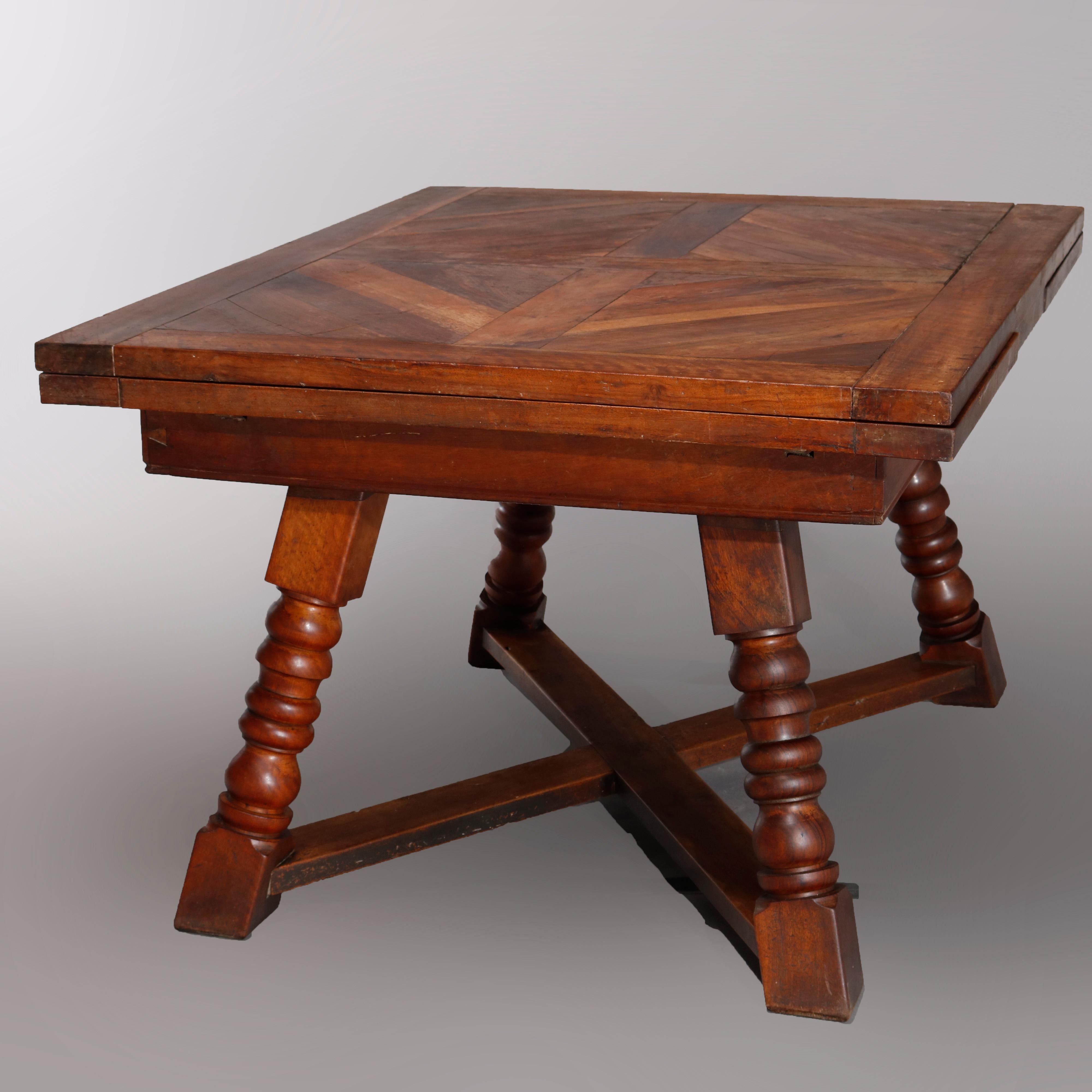 Carved Large Continental Parquetry Inlaid Walnut Draw-Top Dining Table, circa 1900