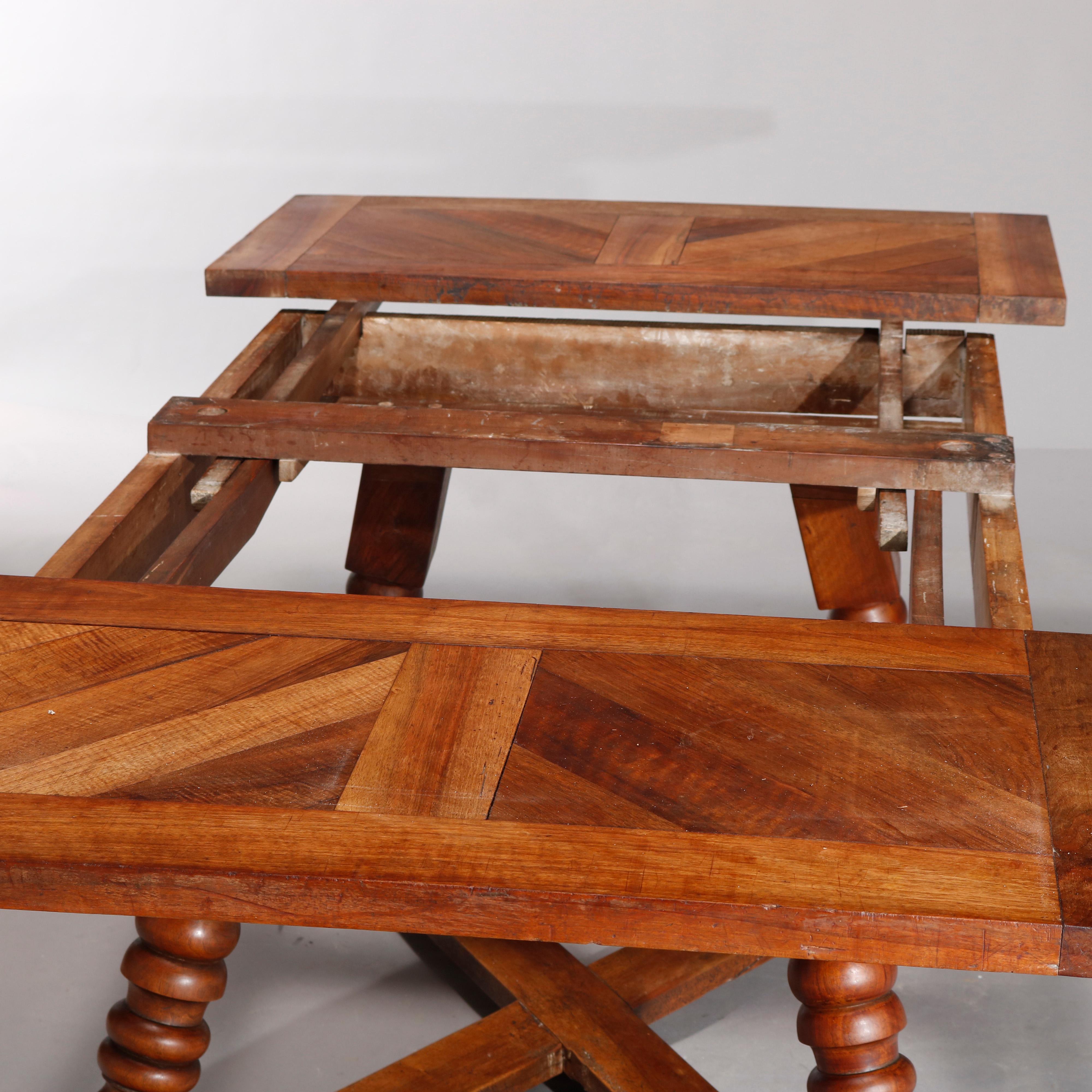 Large Continental Parquetry Inlaid Walnut Draw-Top Dining Table, circa 1900 In Good Condition In Big Flats, NY