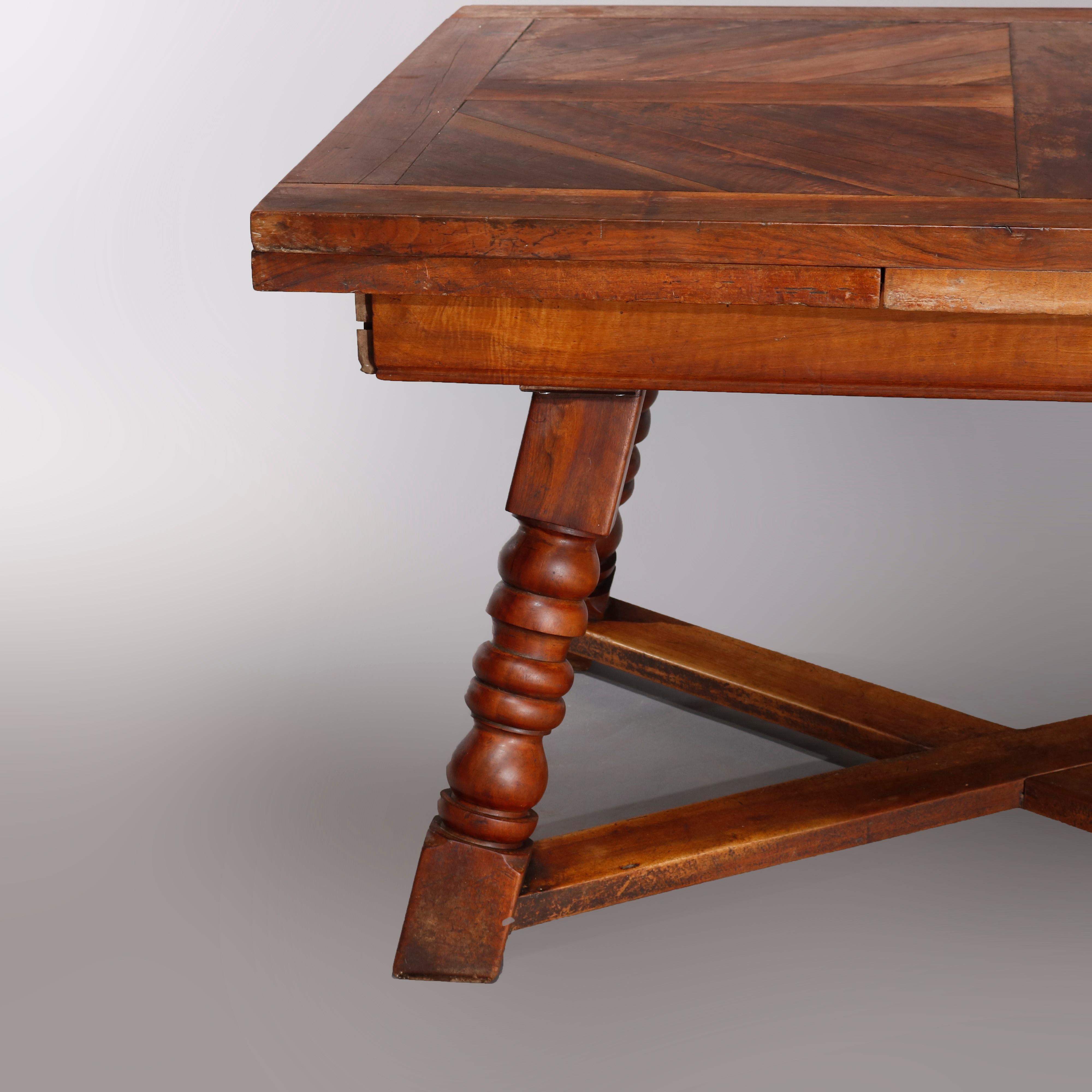 20th Century Large Continental Parquetry Inlaid Walnut Draw-Top Dining Table, circa 1900
