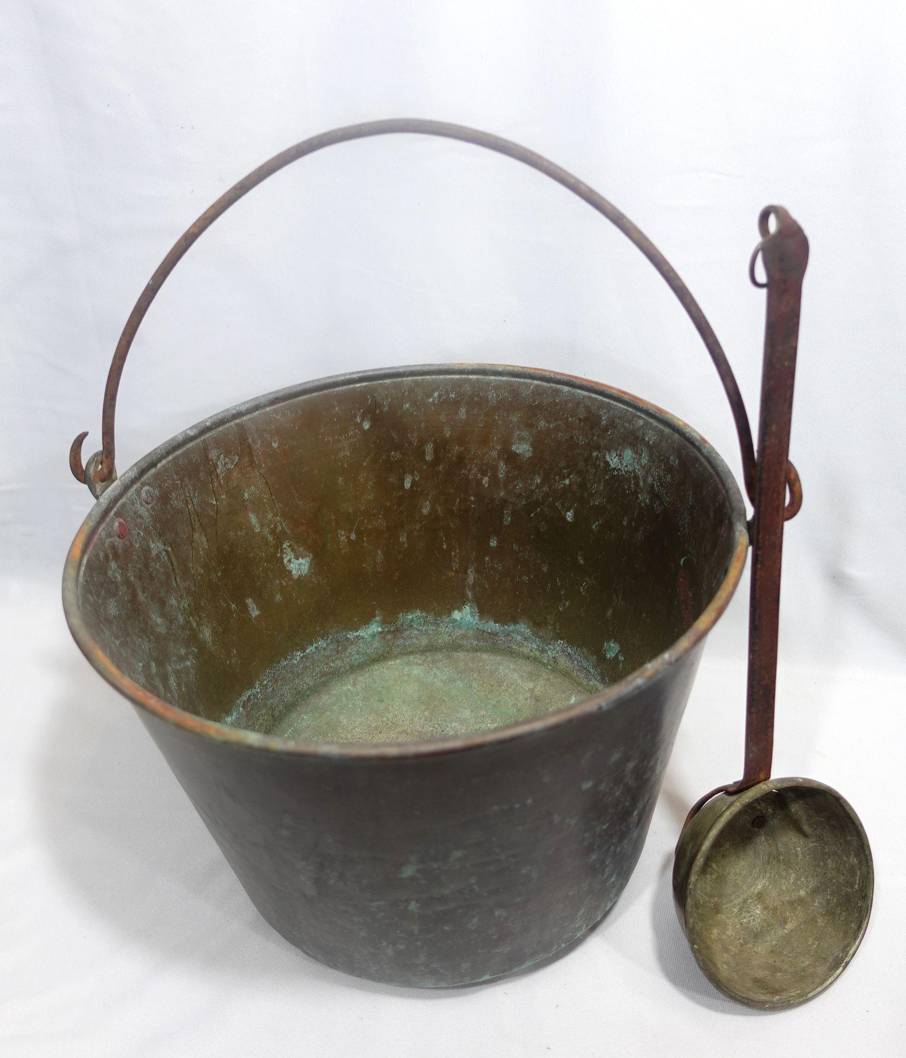 Antique Large Copper with Iron Handled Bucket and A Copper Ladle 
Total height w/ handle up; 18.5