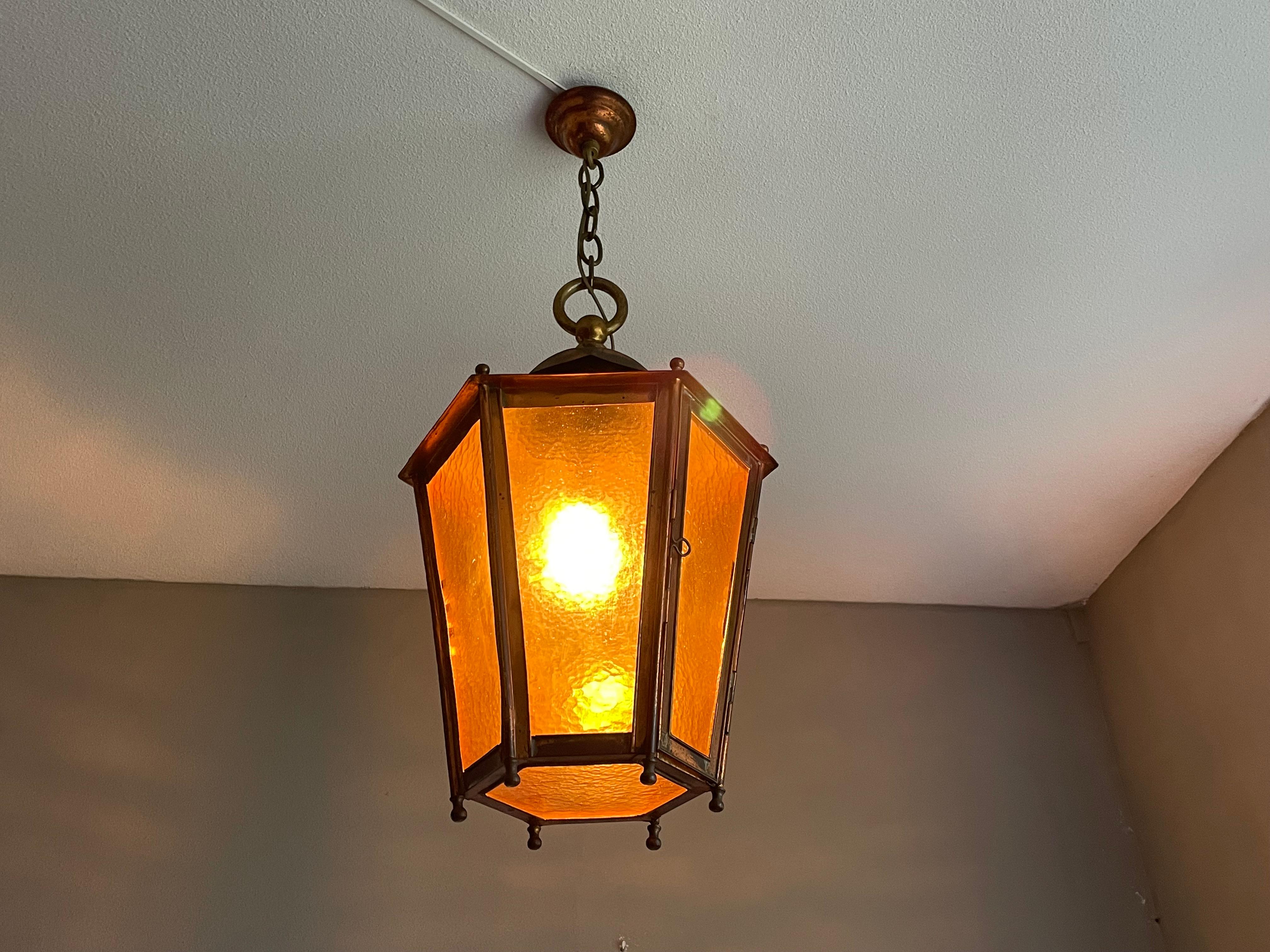 19th Century Antique & Large Copper Lantern / Pendant Light with Cathedral Glass Late 1800s For Sale