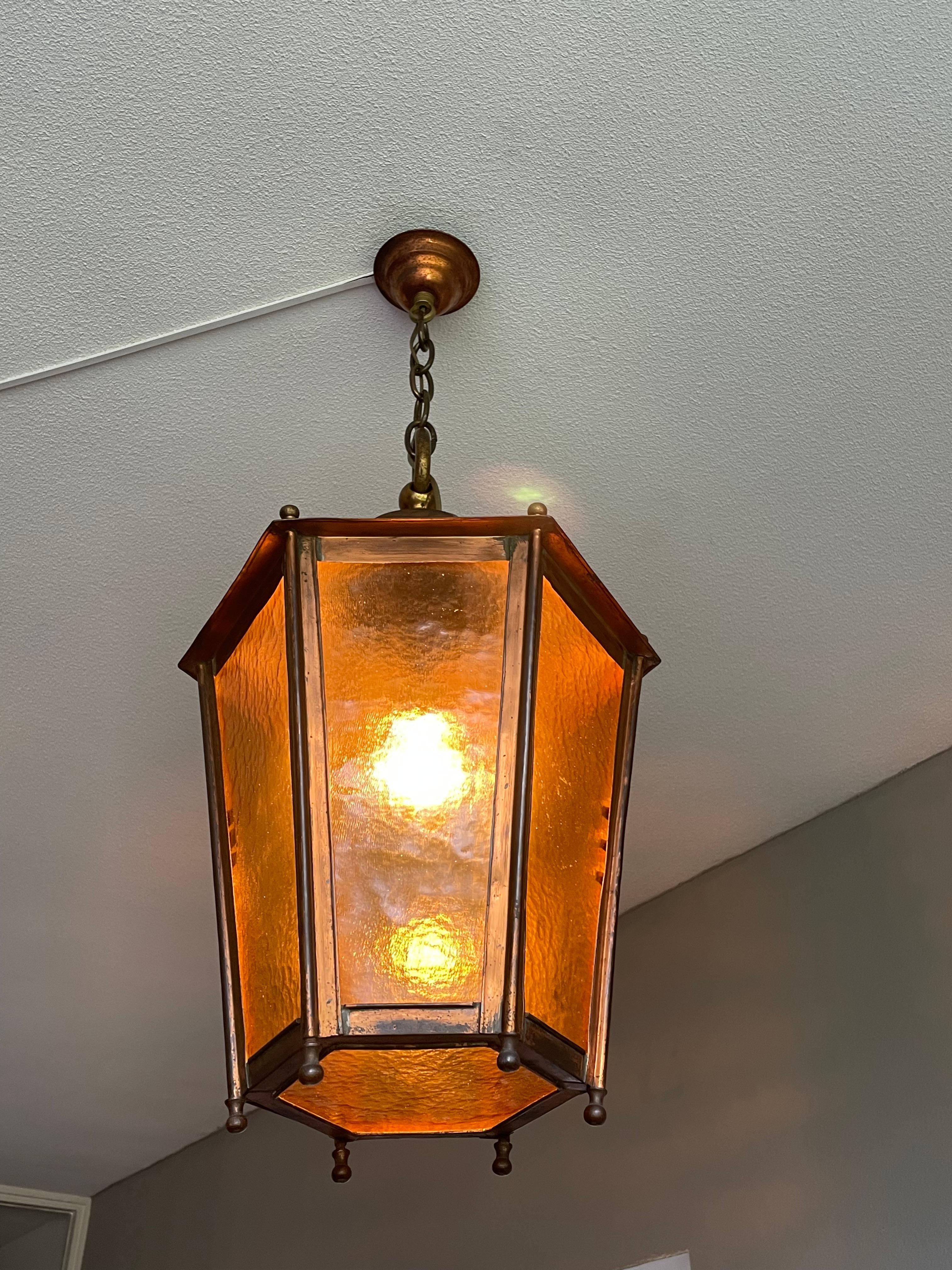 Antique & Large Copper Lantern / Pendant Light with Cathedral Glass Late 1800s For Sale 2