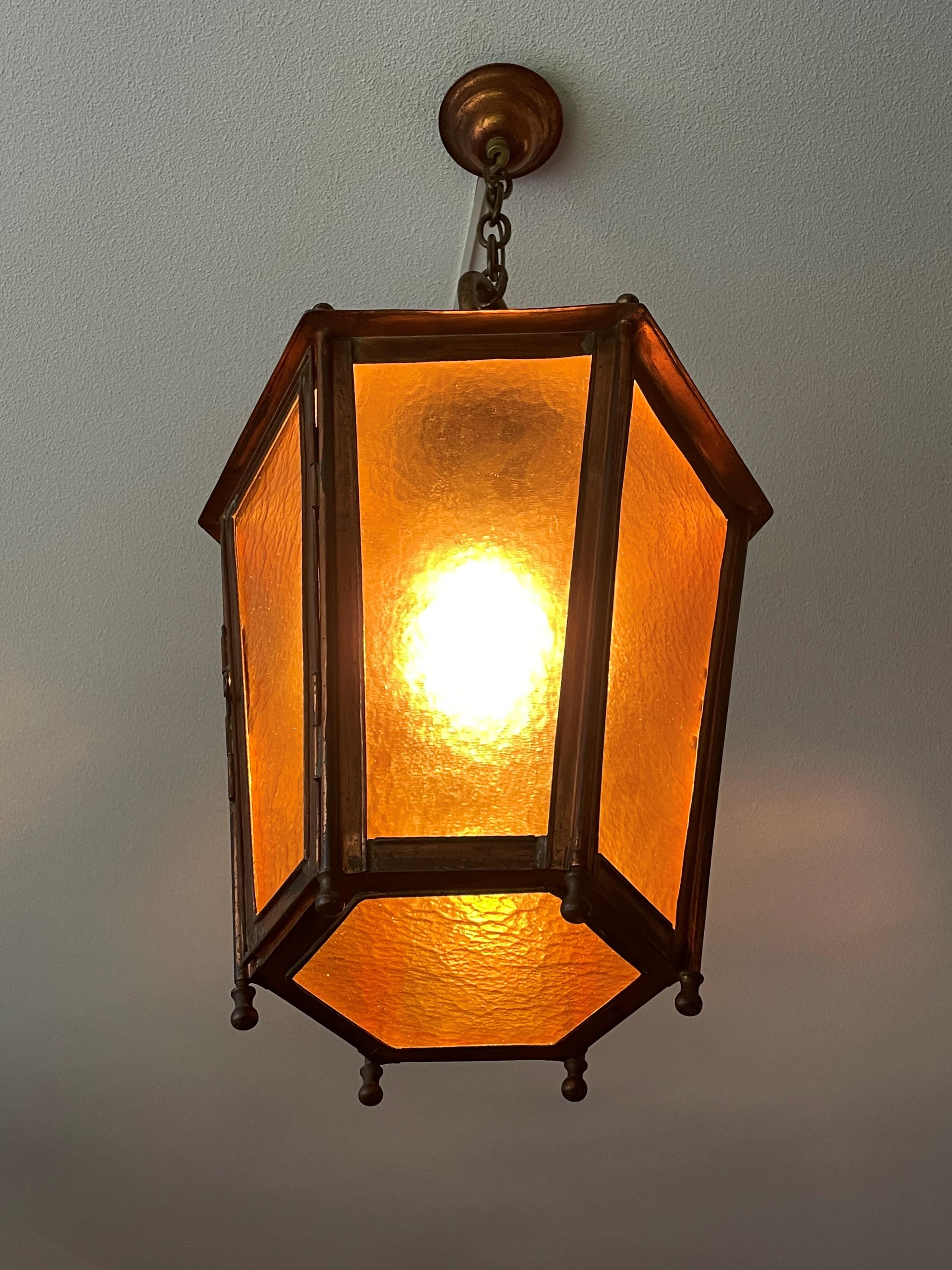 Antique & Large Copper Lantern / Pendant Light with Cathedral Glass Late 1800s For Sale 4