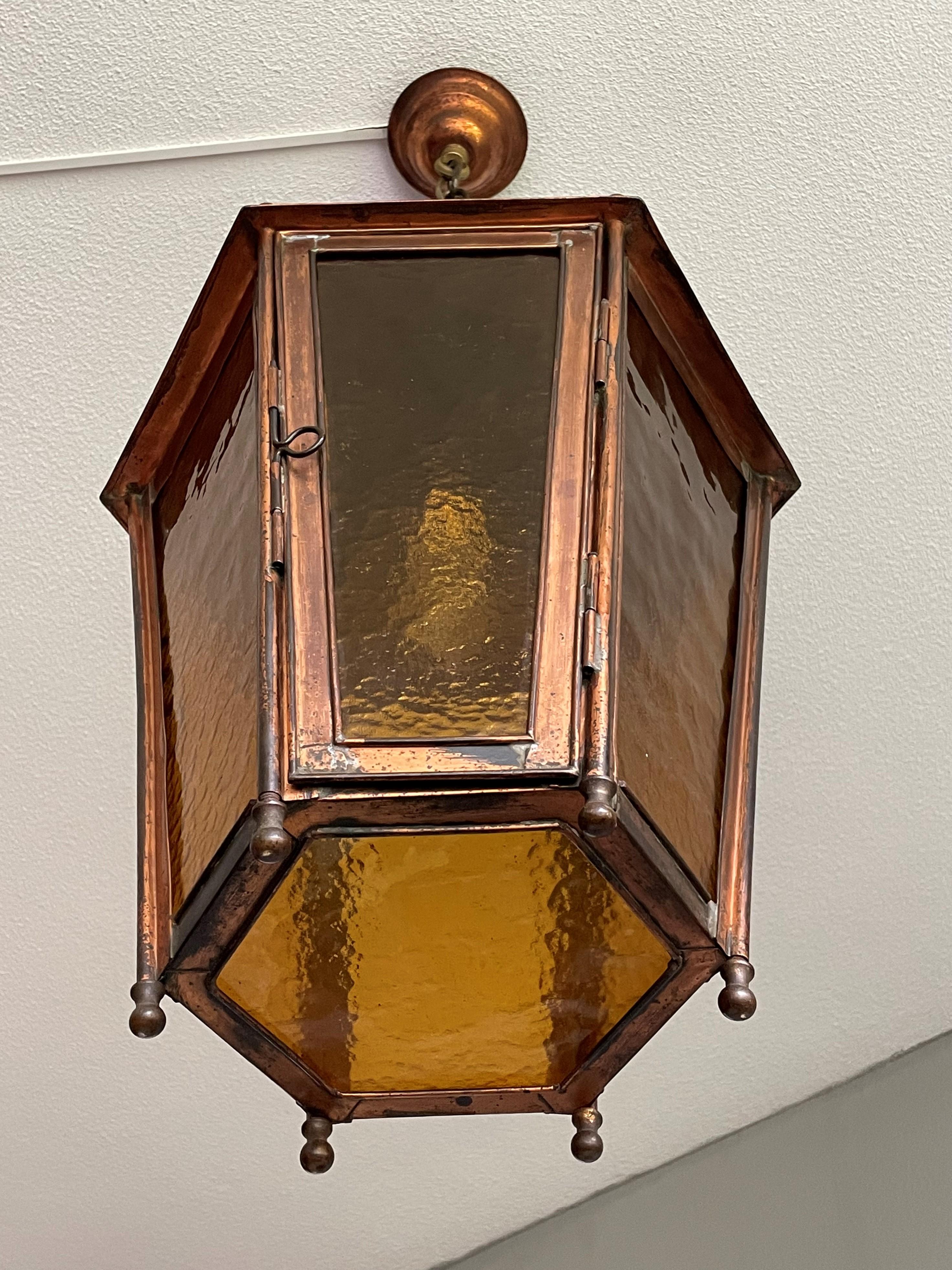 Antique & Large Copper Lantern / Pendant Light with Cathedral Glass Late 1800s For Sale 5