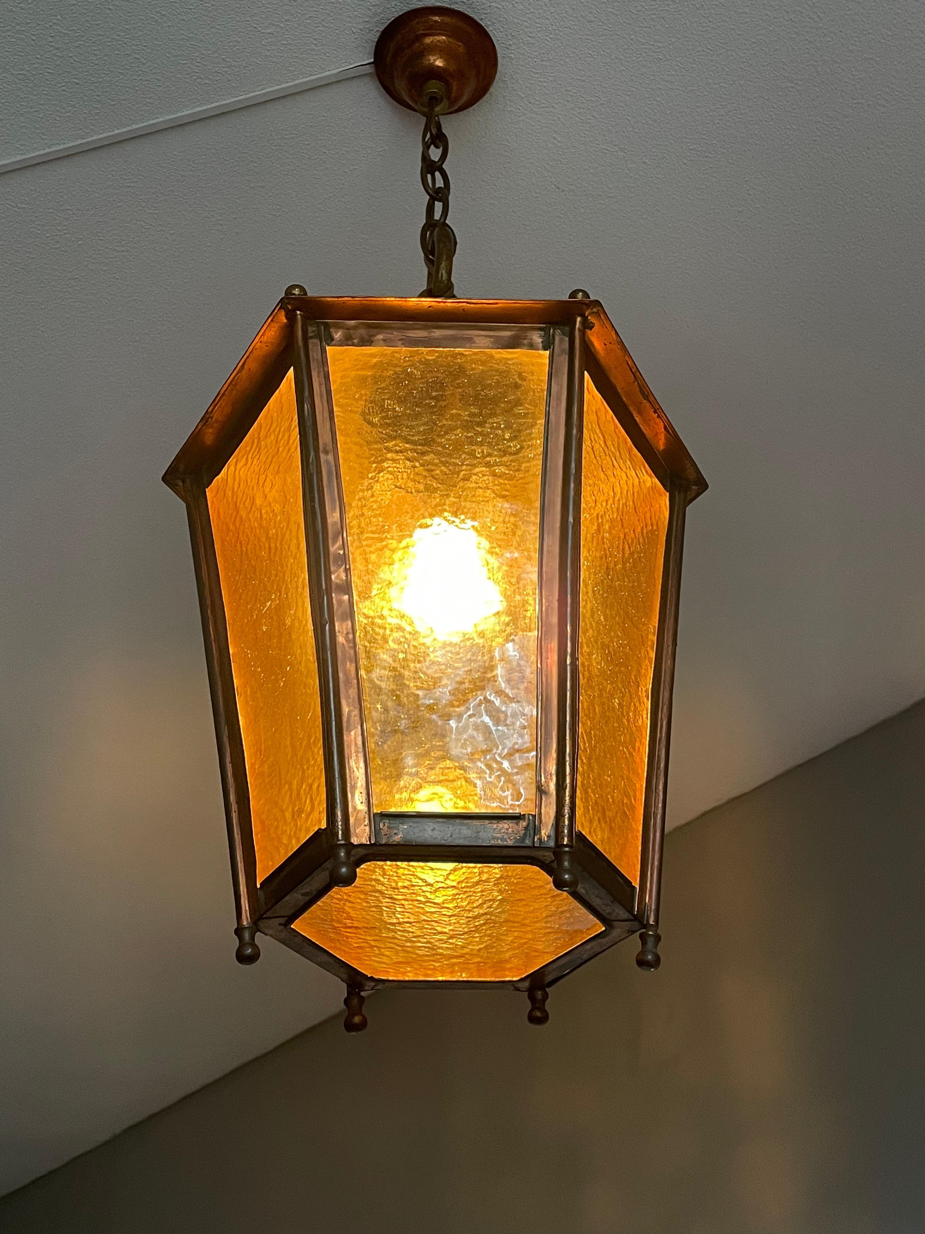 Antique & Large Copper Lantern / Pendant Light with Cathedral Glass Late 1800s For Sale 6