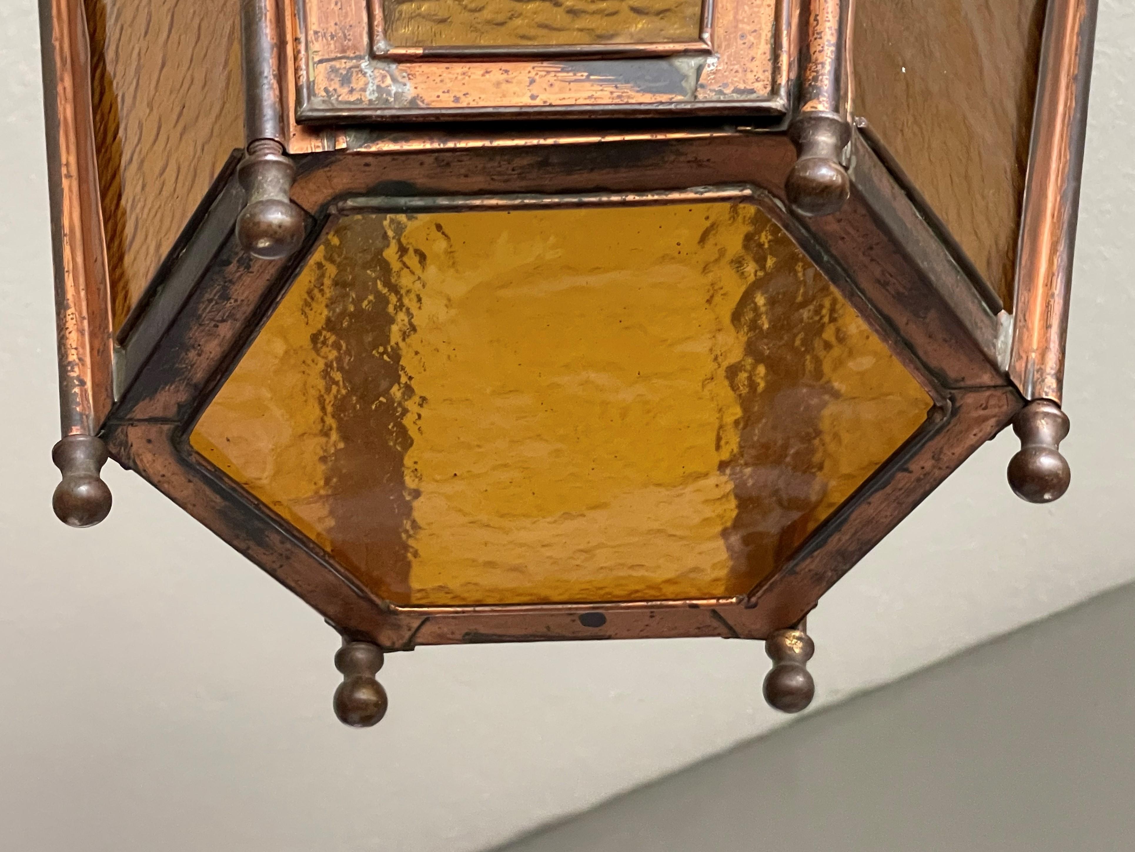 Antique & Large Copper Lantern / Pendant Light with Cathedral Glass Late 1800s For Sale 7