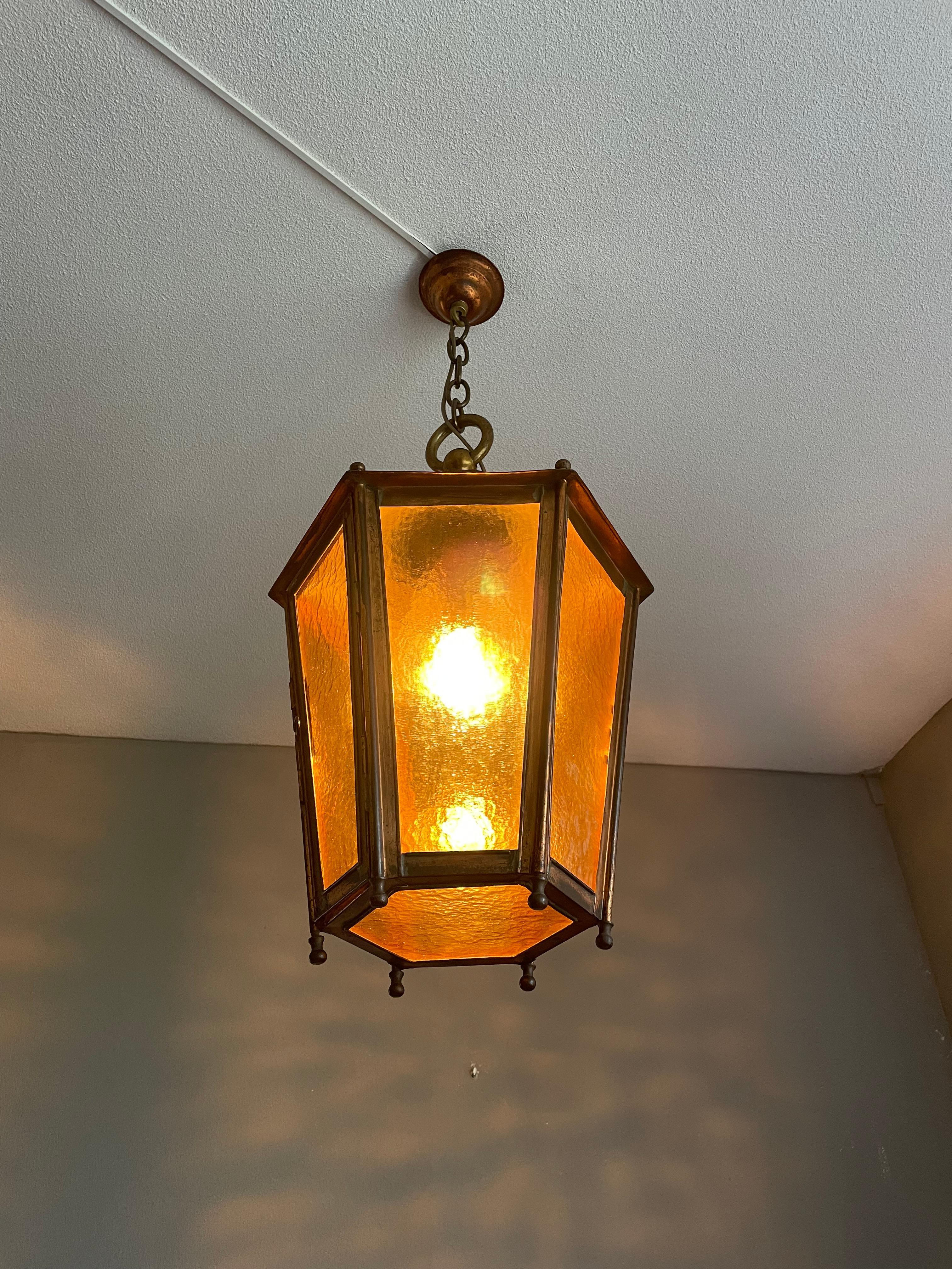 Antique & Large Copper Lantern / Pendant Light with Cathedral Glass Late 1800s 10