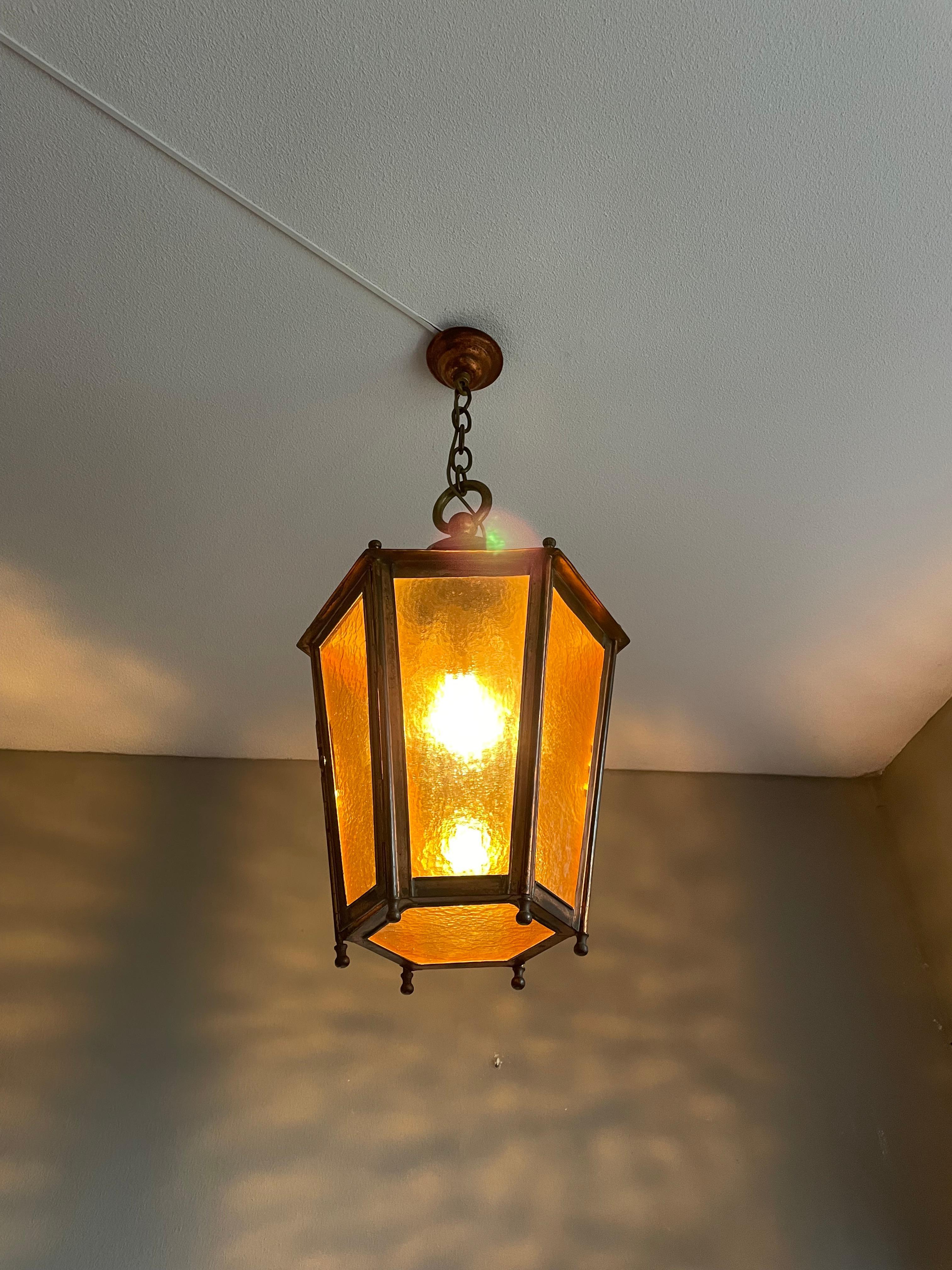 Victorian Antique & Large Copper Lantern / Pendant Light with Cathedral Glass Late 1800s For Sale