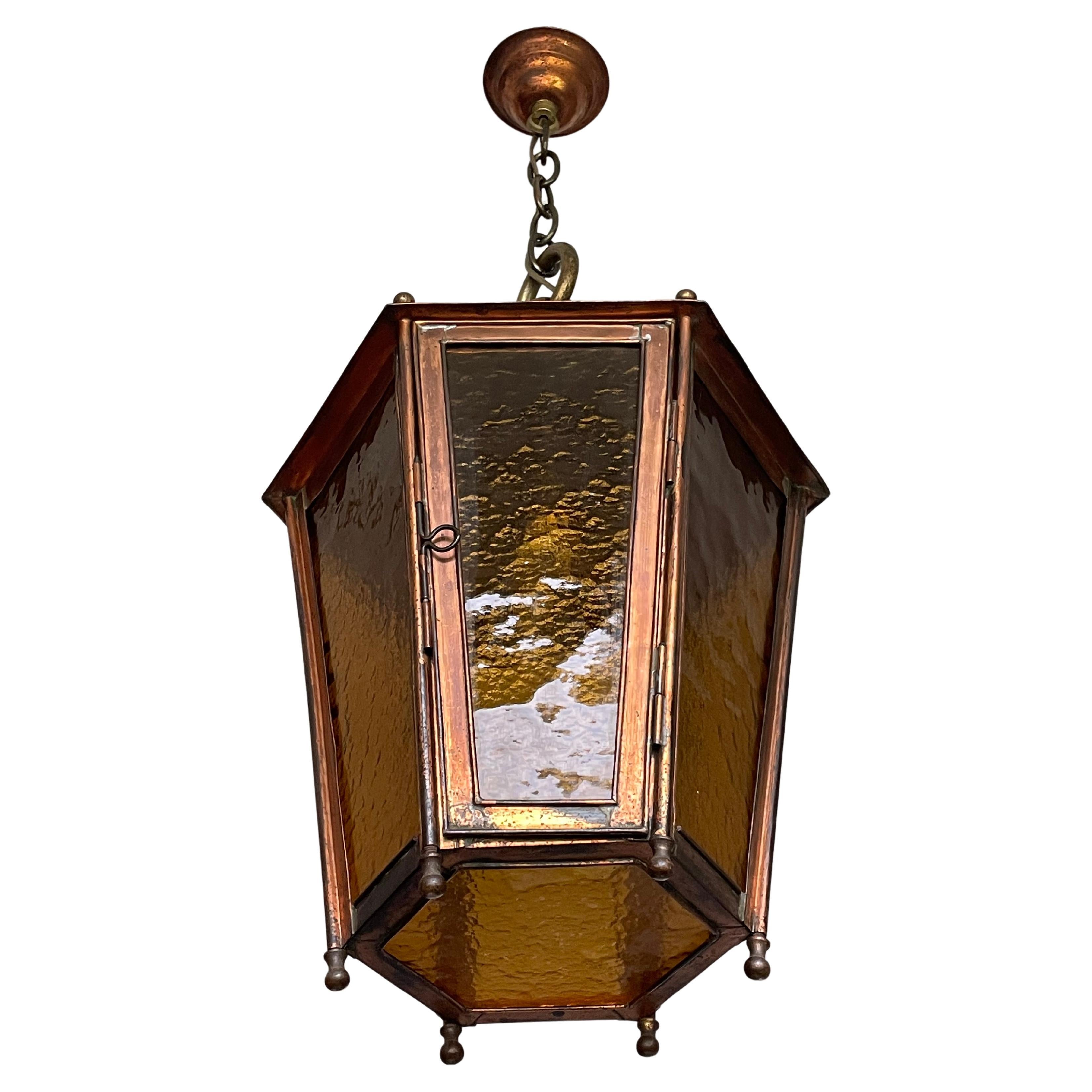 European Antique & Large Copper Lantern / Pendant Light with Cathedral Glass Late 1800s For Sale