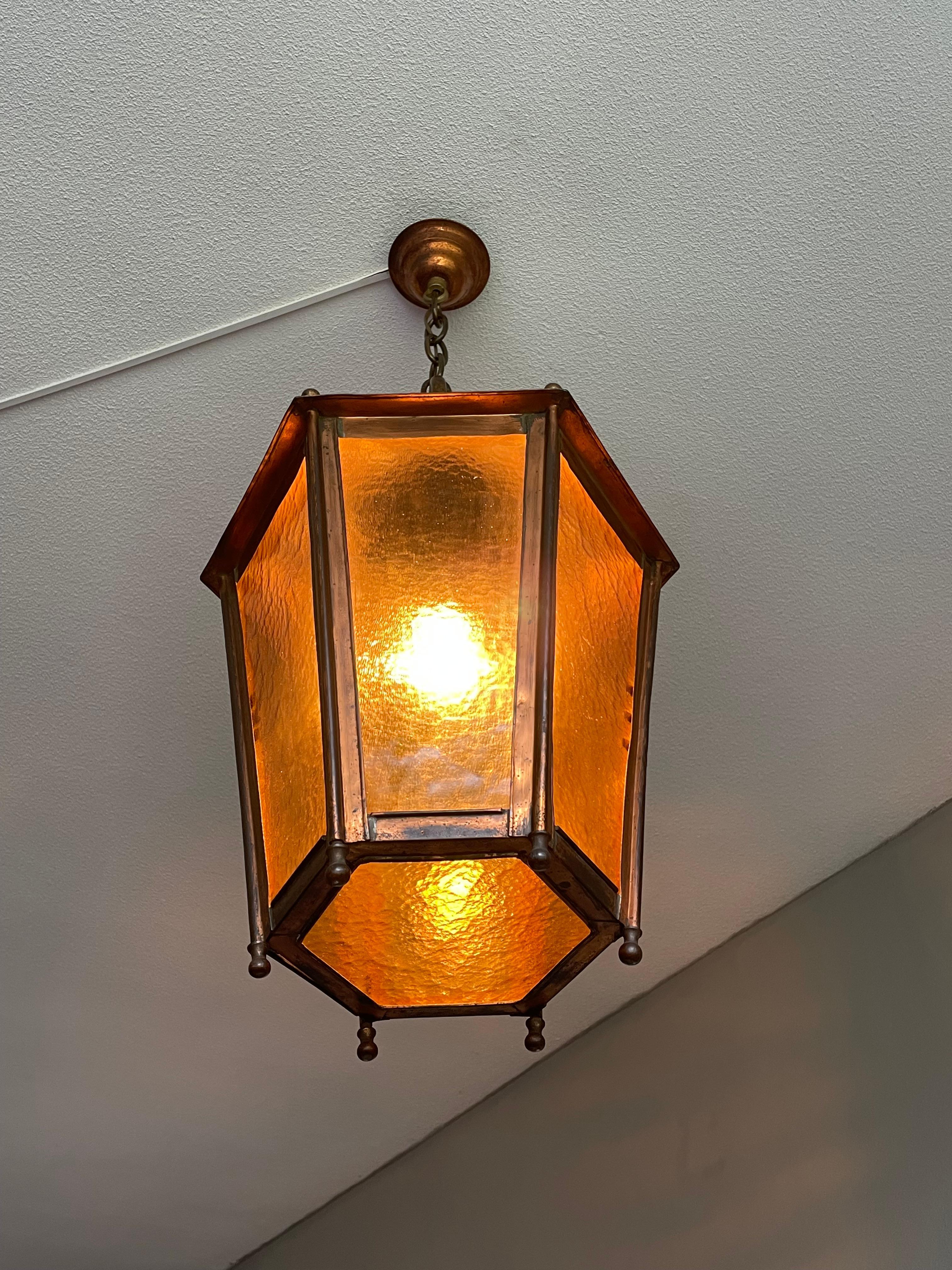 Patinated Antique & Large Copper Lantern / Pendant Light with Cathedral Glass Late 1800s