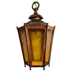 Antique & Large Copper Lantern / Pendant Light with Cathedral Glass Late 1800s