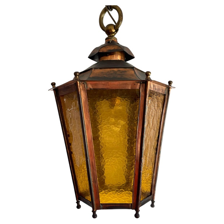 Antique and Large Copper Lantern / Pendant Light with Cathedral Glass