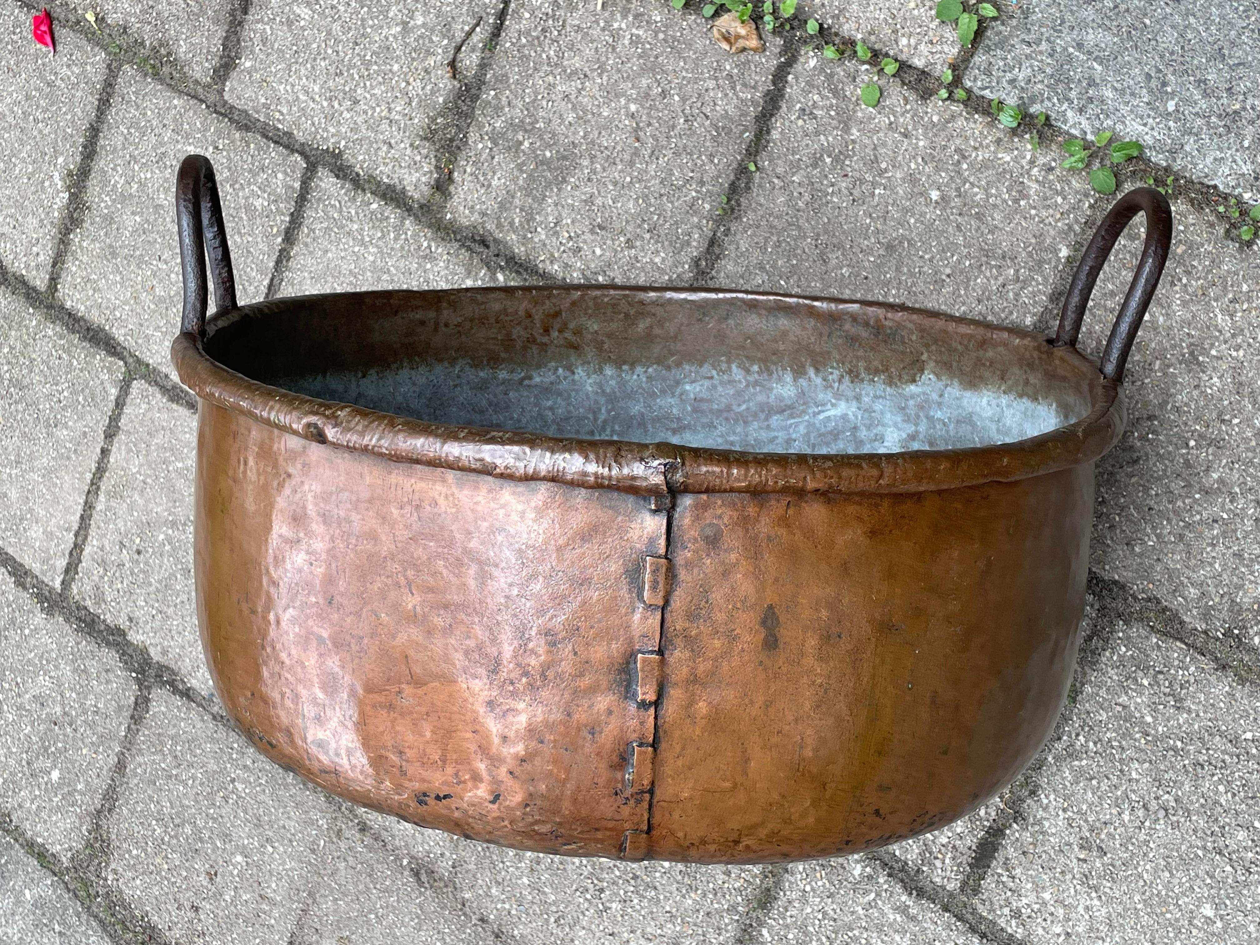 19th Century Antique, Large & Decorative Hand Hammered Copper and Forged Iron Firewood Bucket For Sale