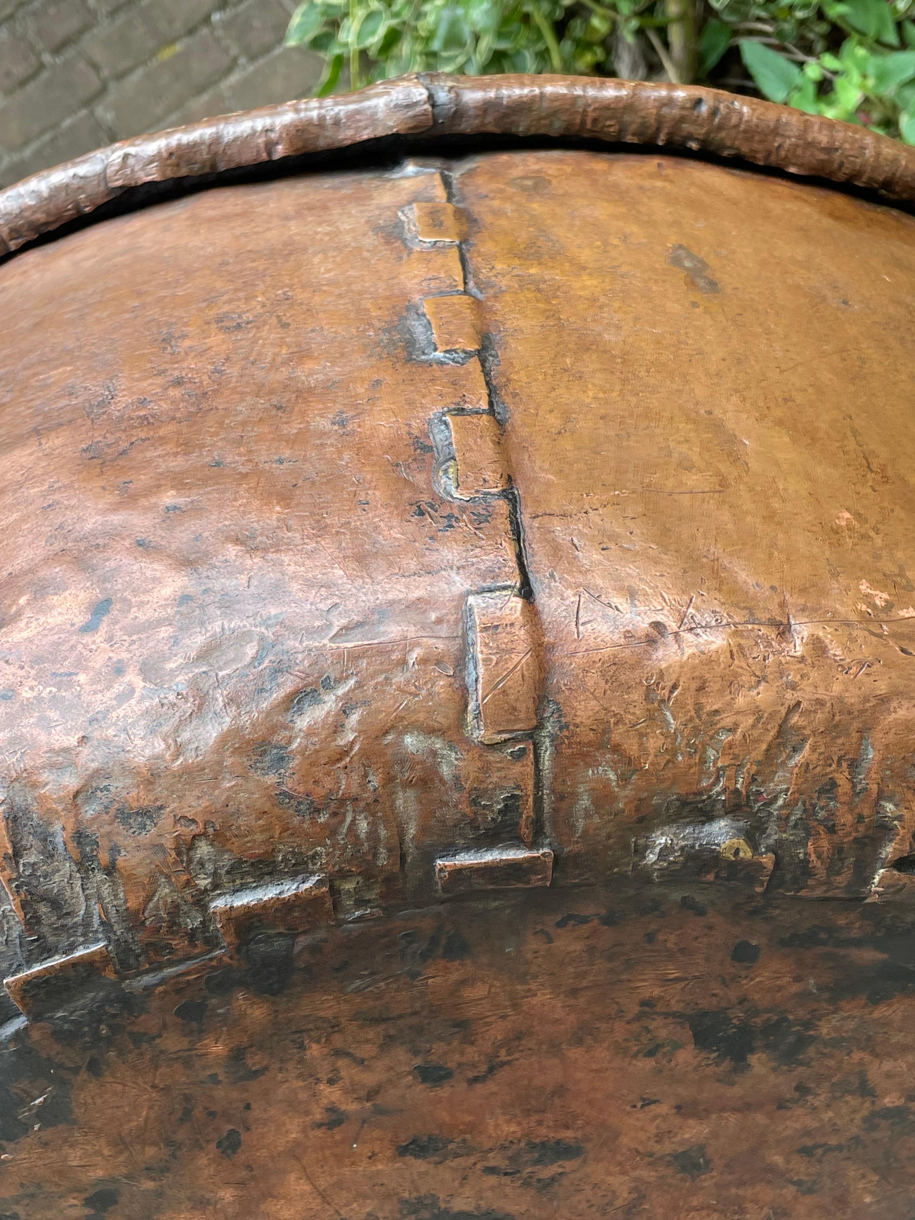 Antique, Large & Decorative Hand Hammered Copper and Forged Iron Firewood Bucket For Sale 4