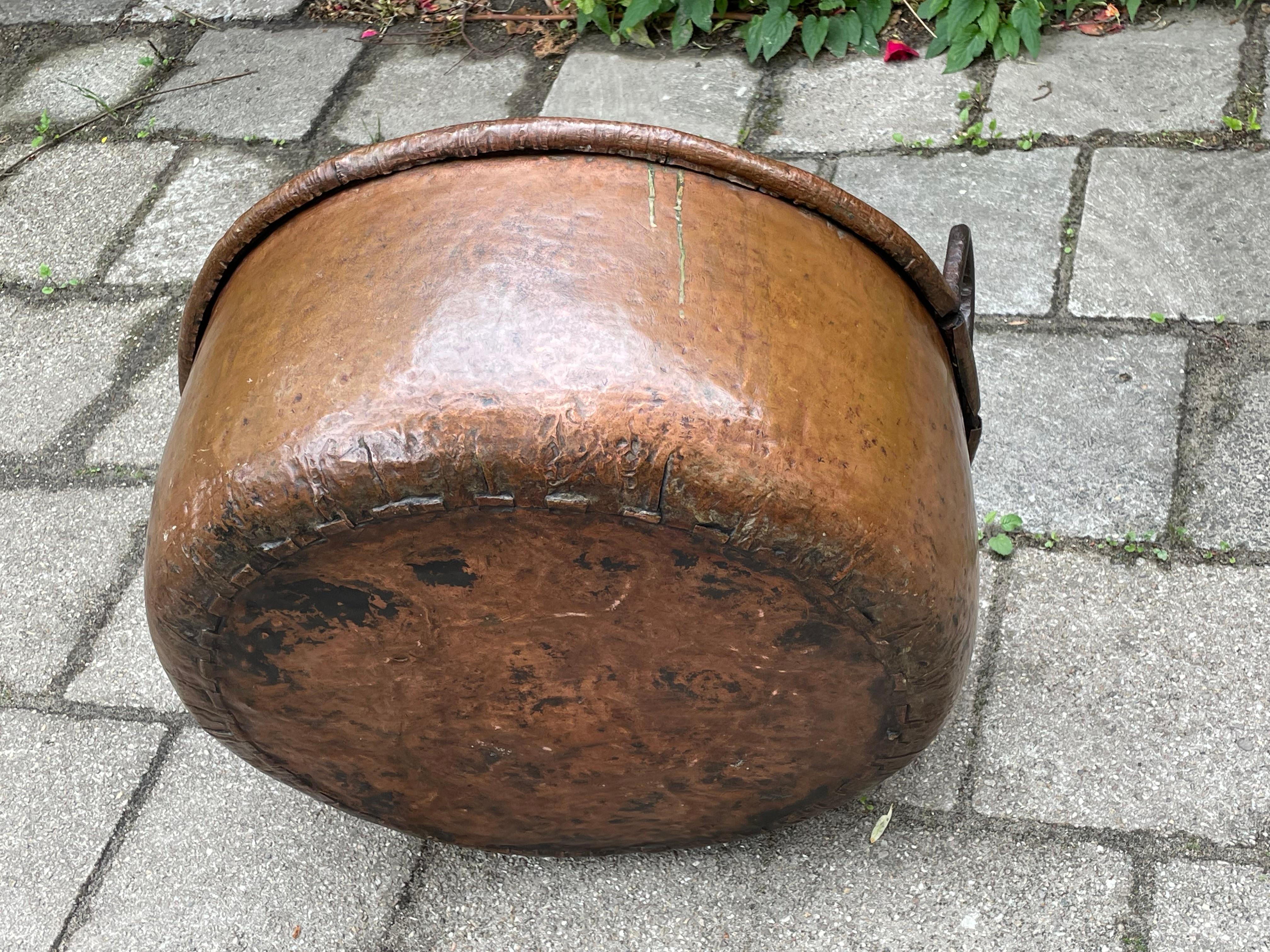 Country Antique, Large & Decorative Hand Hammered Copper and Forged Iron Firewood Bucket For Sale