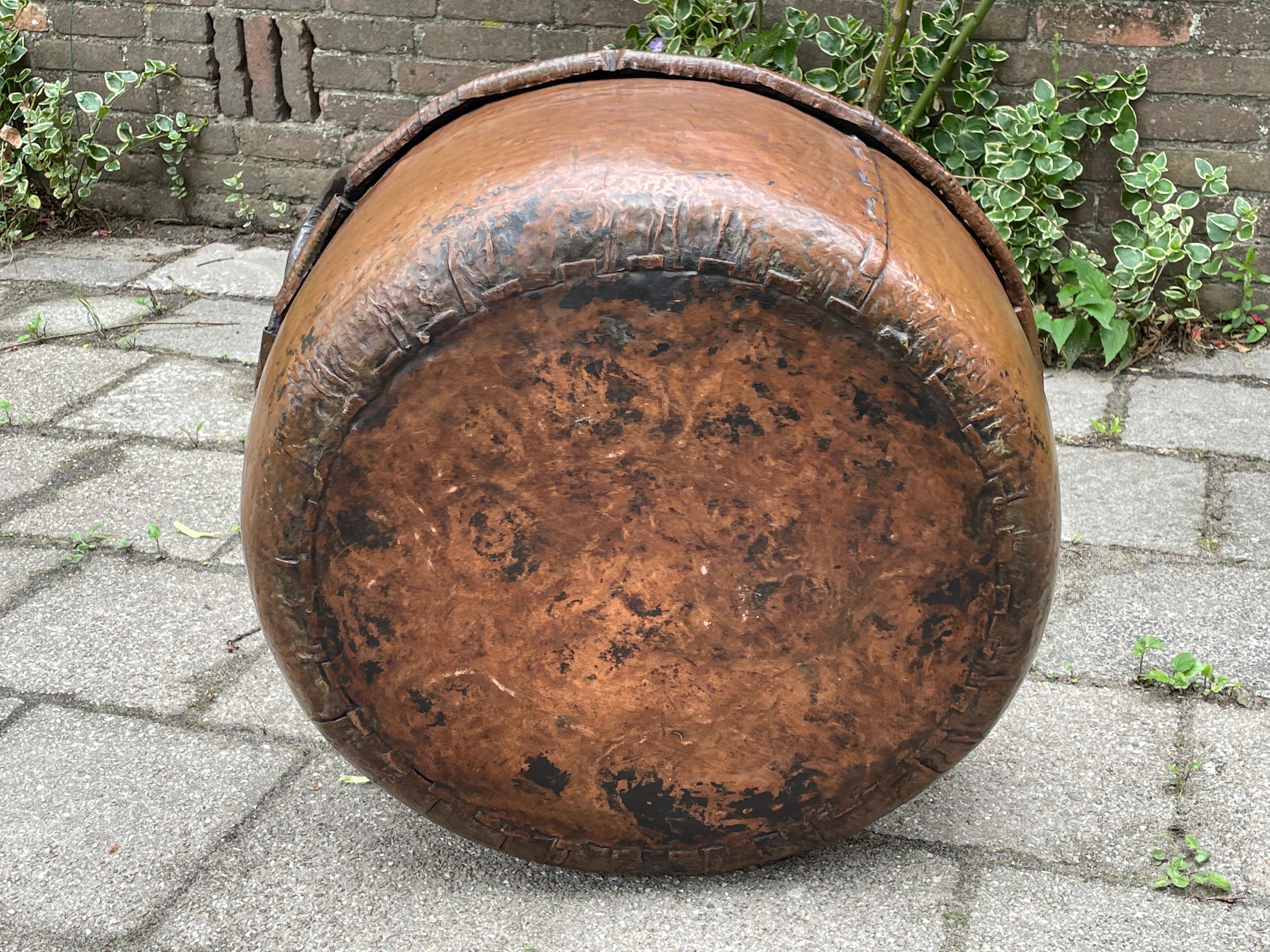 Dutch Antique, Large & Decorative Hand Hammered Copper and Forged Iron Firewood Bucket For Sale