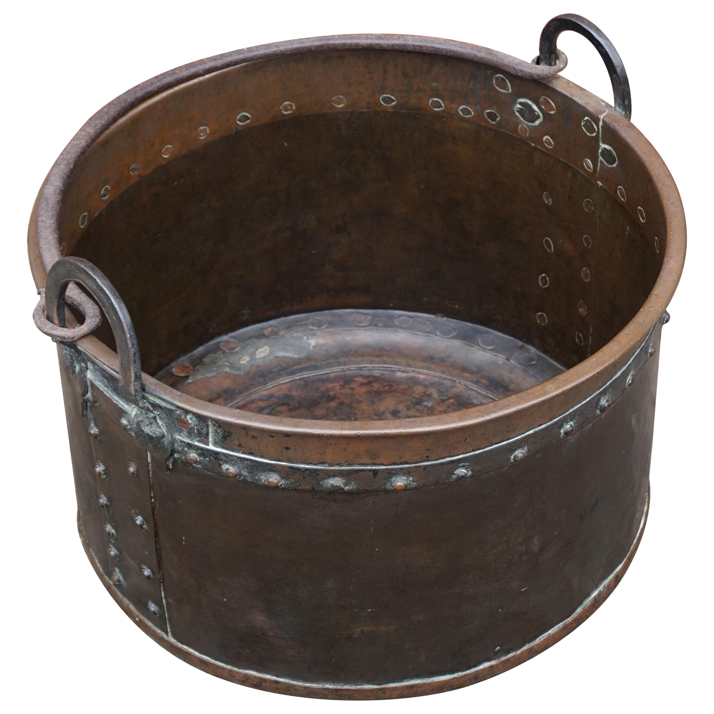 Antique, Large & Decorative Hand Hammered Copper and Forged Iron Firewood Bucket