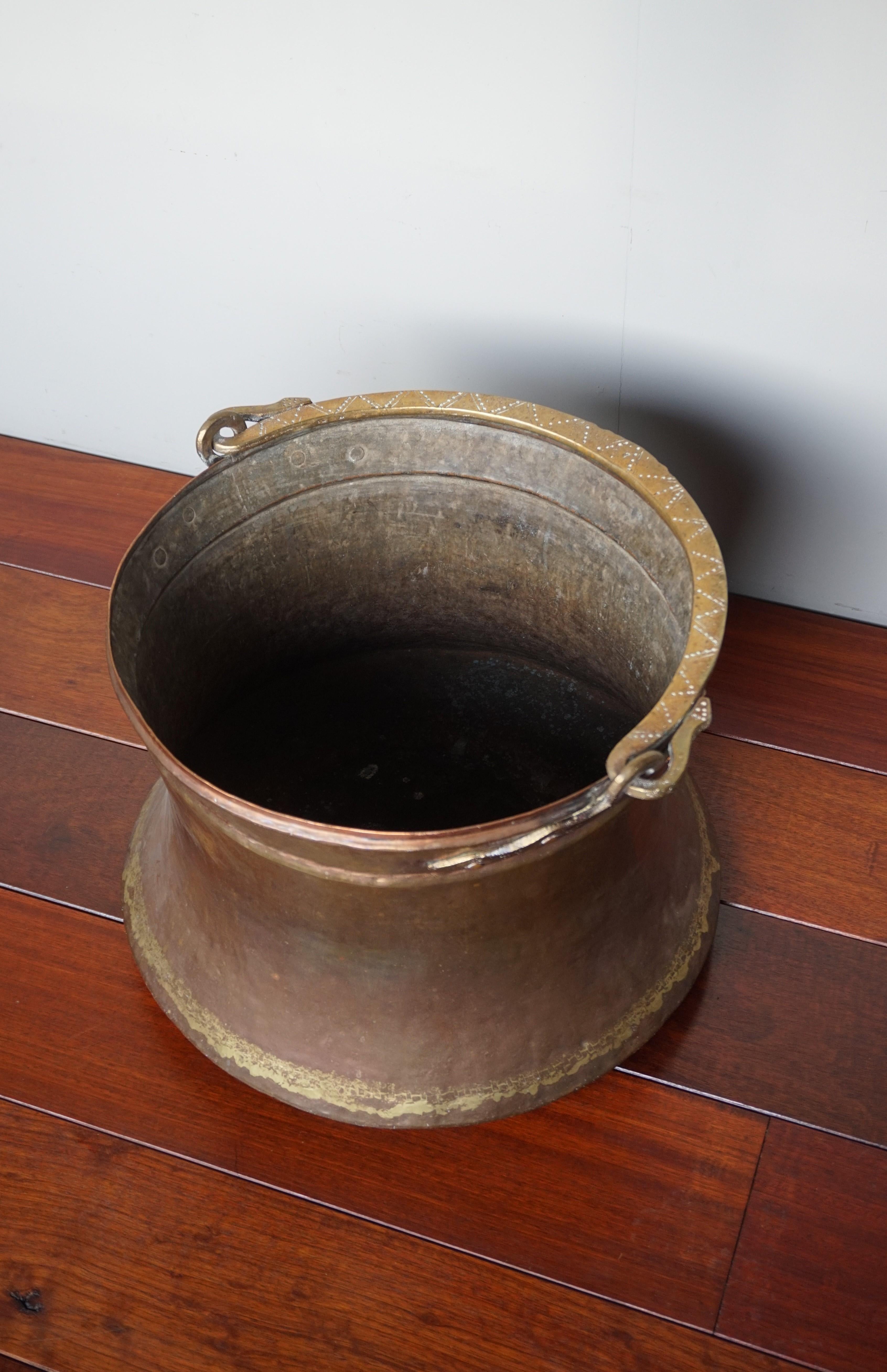 Antique, Large & Decorative Hand Hammered Copper & Cast Bronze Firewood Bucket 12
