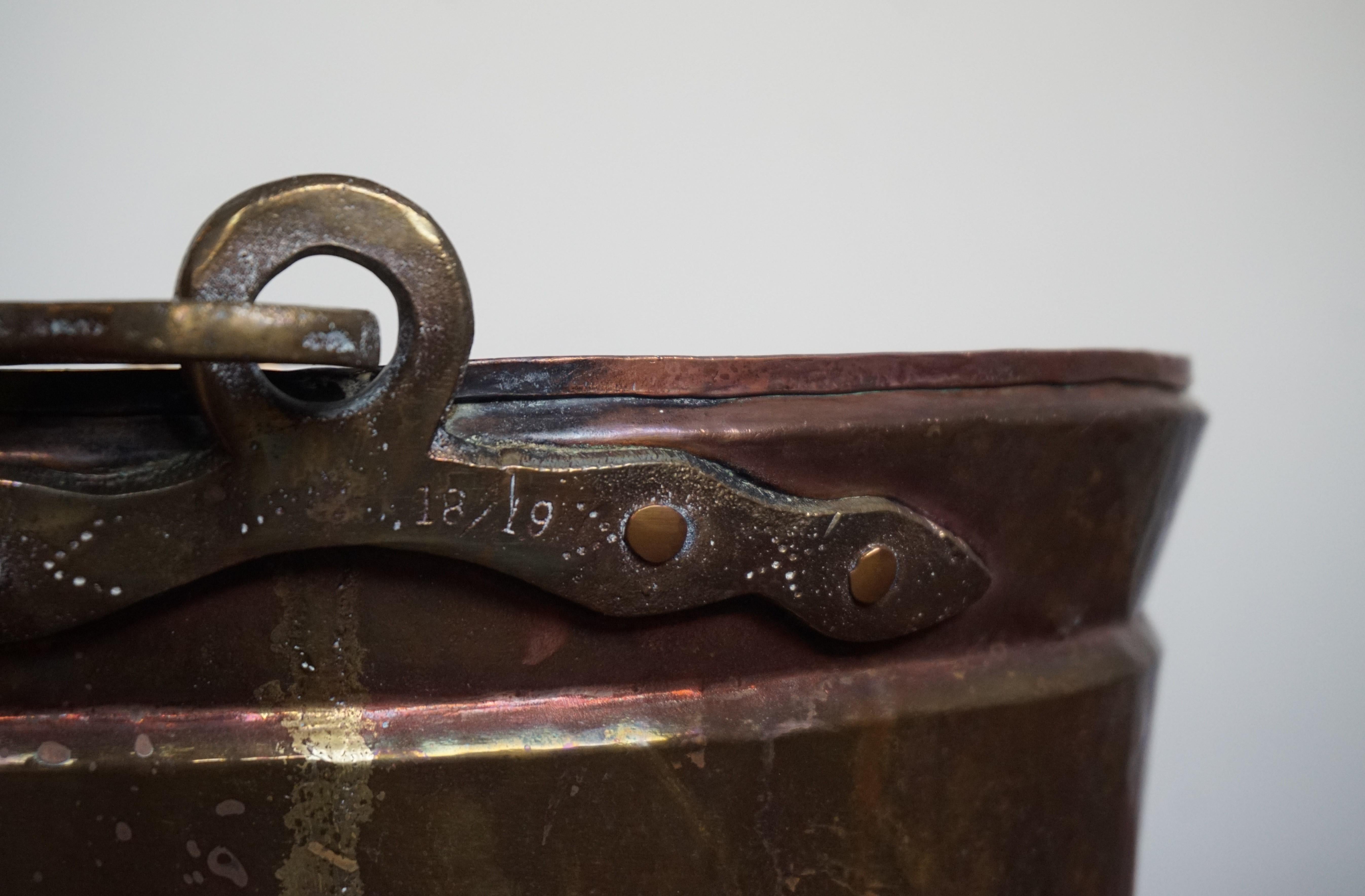 Antique, Large & Decorative Hand Hammered Copper & Cast Bronze Firewood Bucket 14