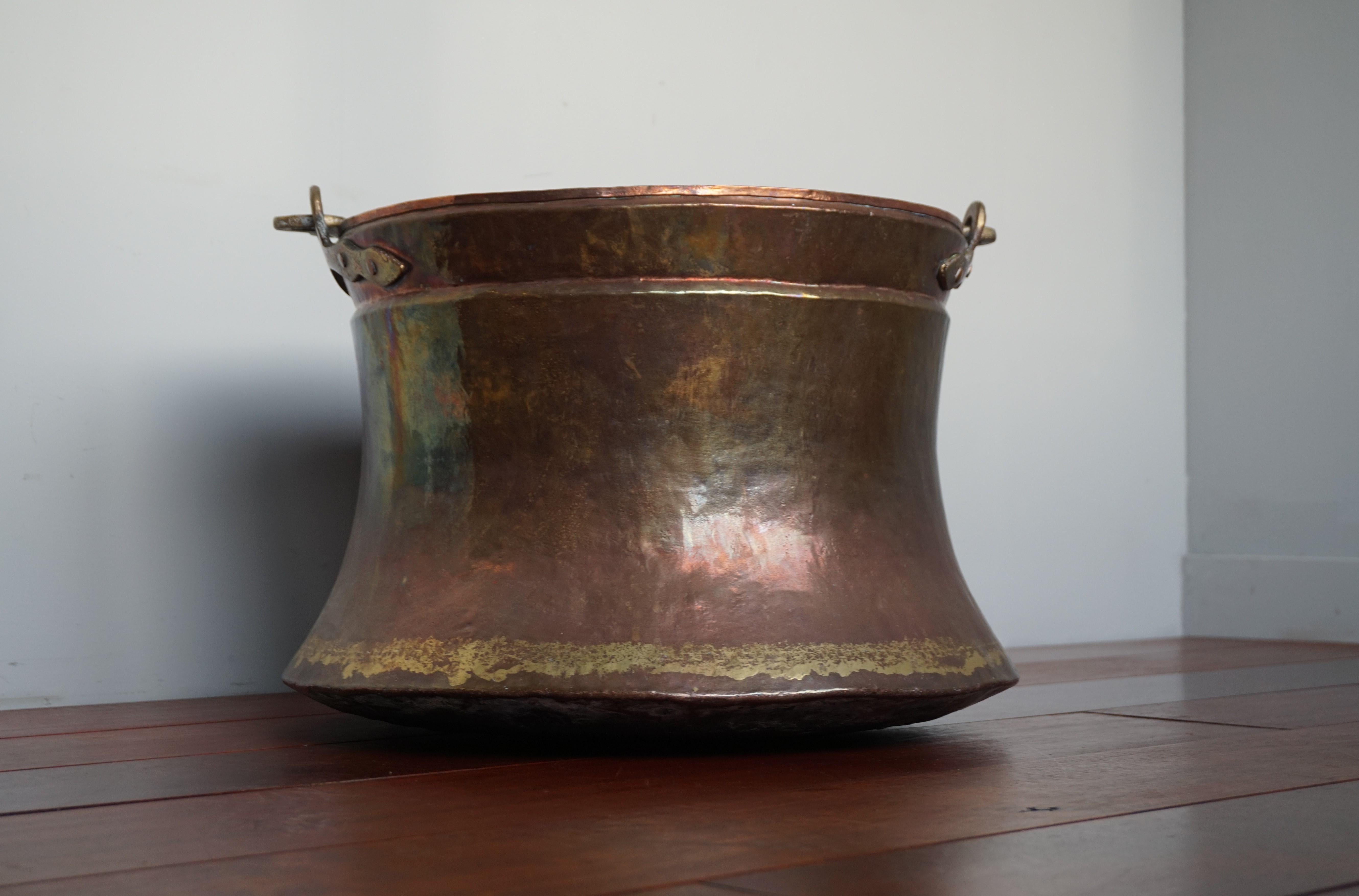 Antique, Large & Decorative Hand Hammered Copper & Cast Bronze Firewood Bucket 15