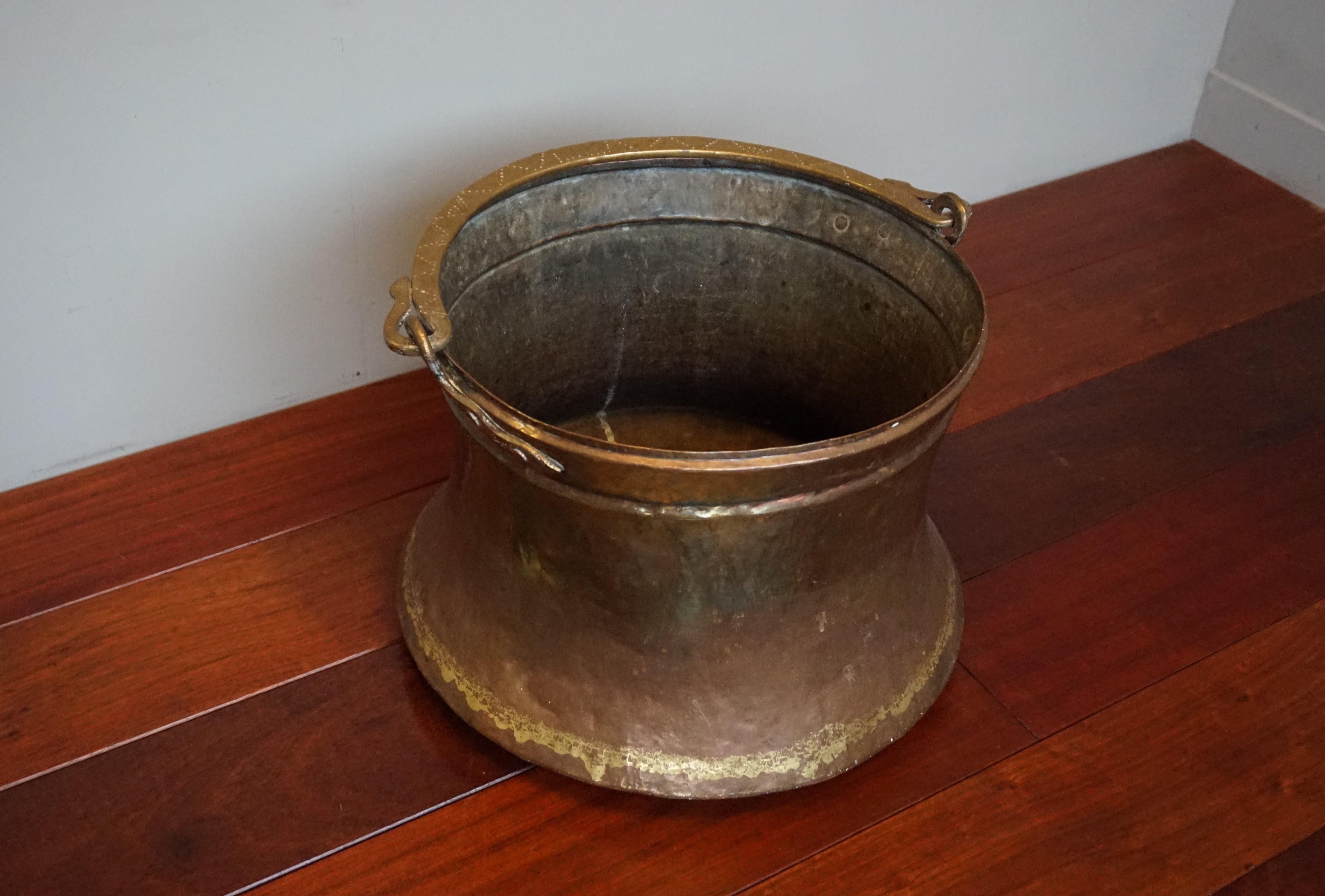 Dutch Antique, Large & Decorative Hand Hammered Copper & Cast Bronze Firewood Bucket