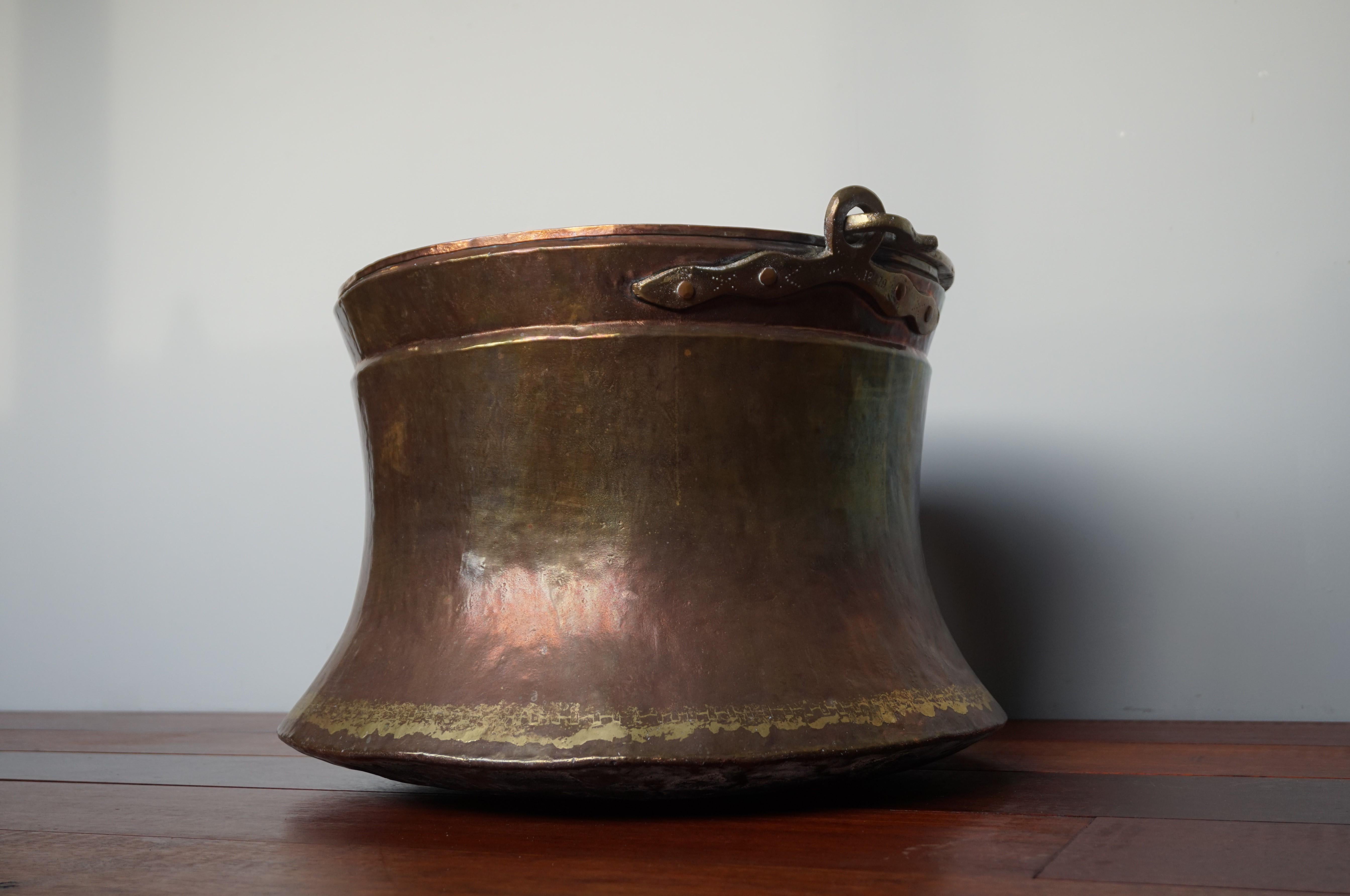 19th Century Antique, Large & Decorative Hand Hammered Copper & Cast Bronze Firewood Bucket