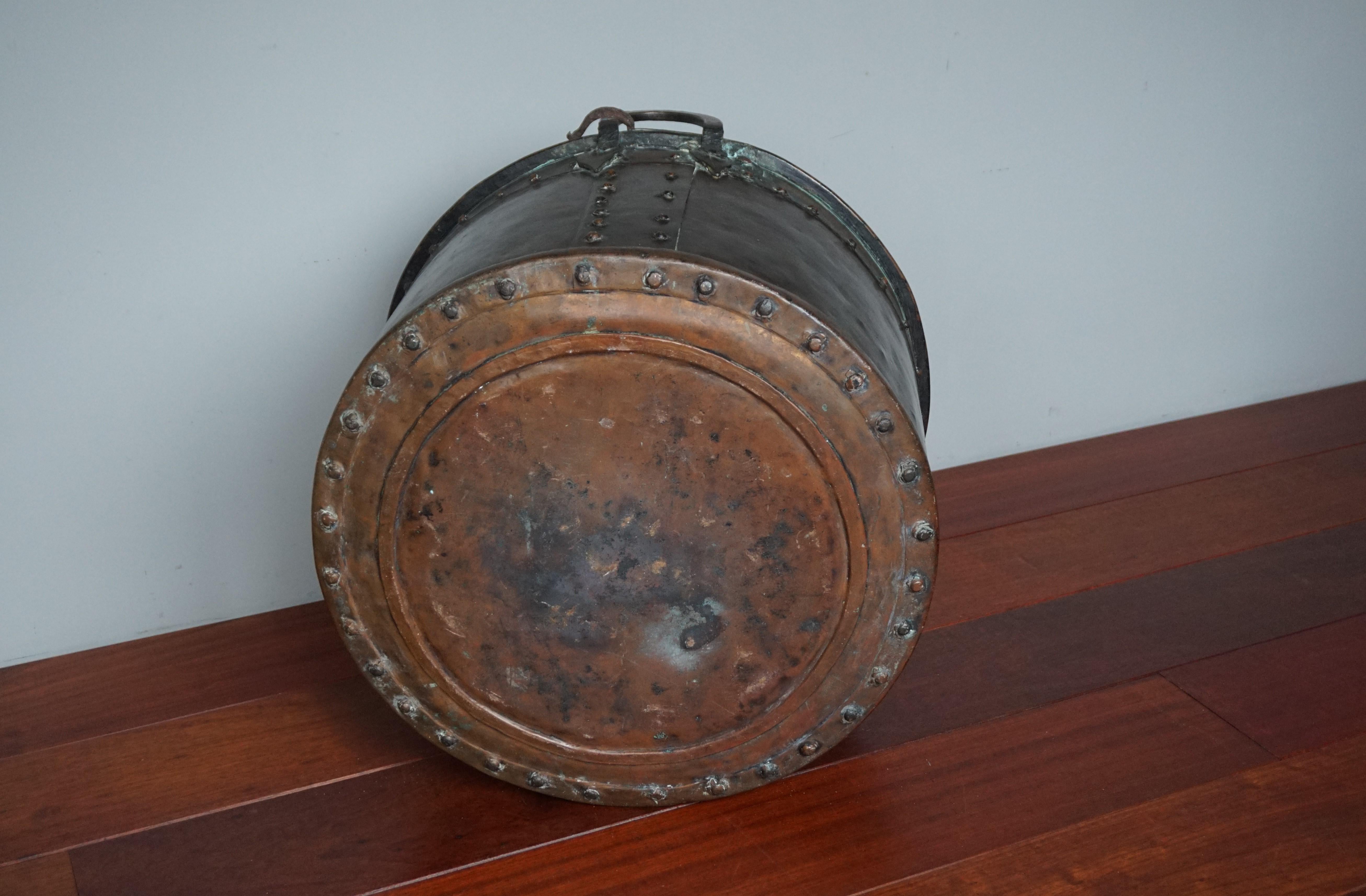 Antique, Large & Decorative Hand Hammered Copper and Forged Iron Firewood Bucket 4