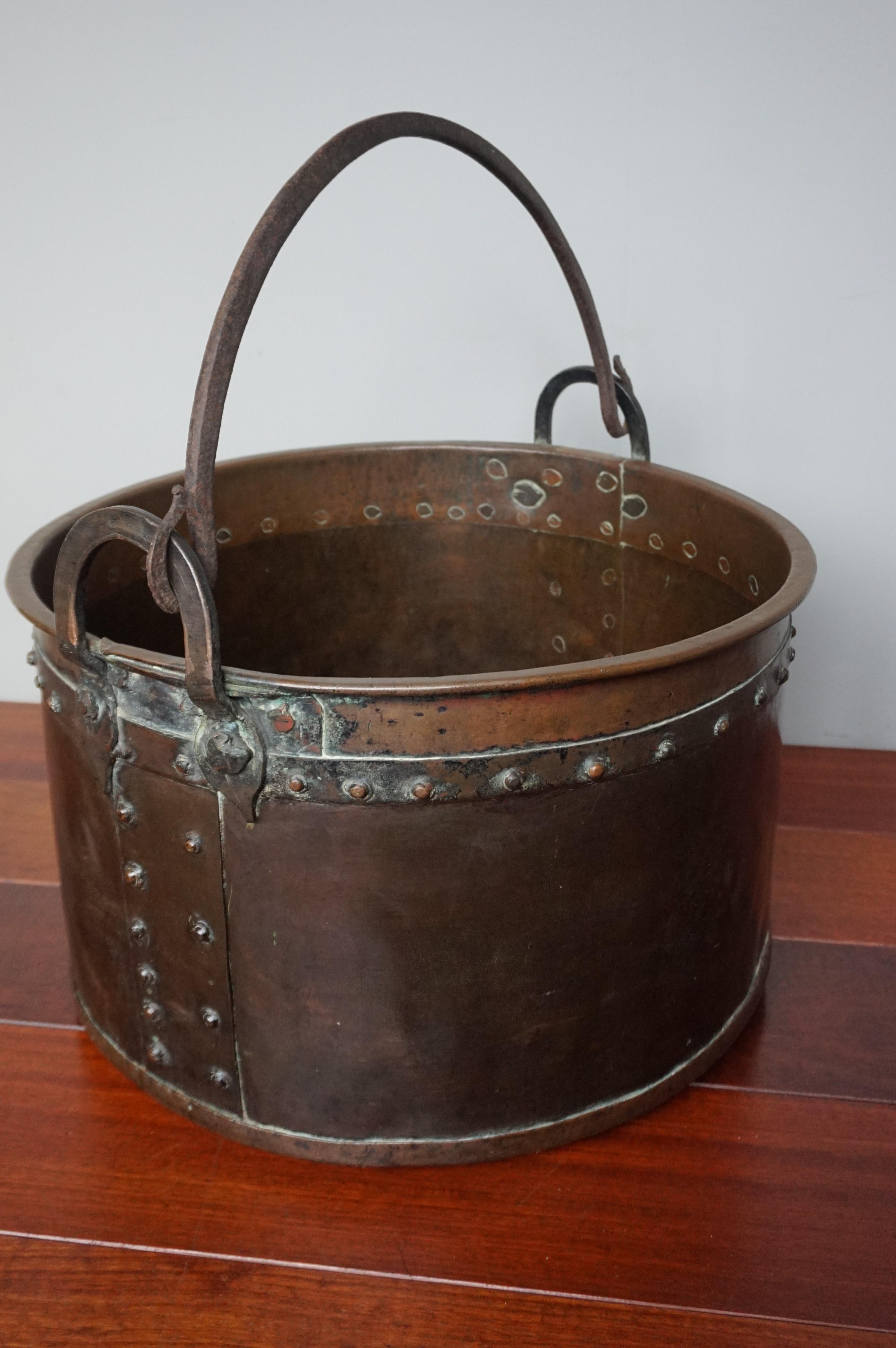 Antique, Large & Decorative Hand Hammered Copper and Forged Iron Firewood Bucket 10