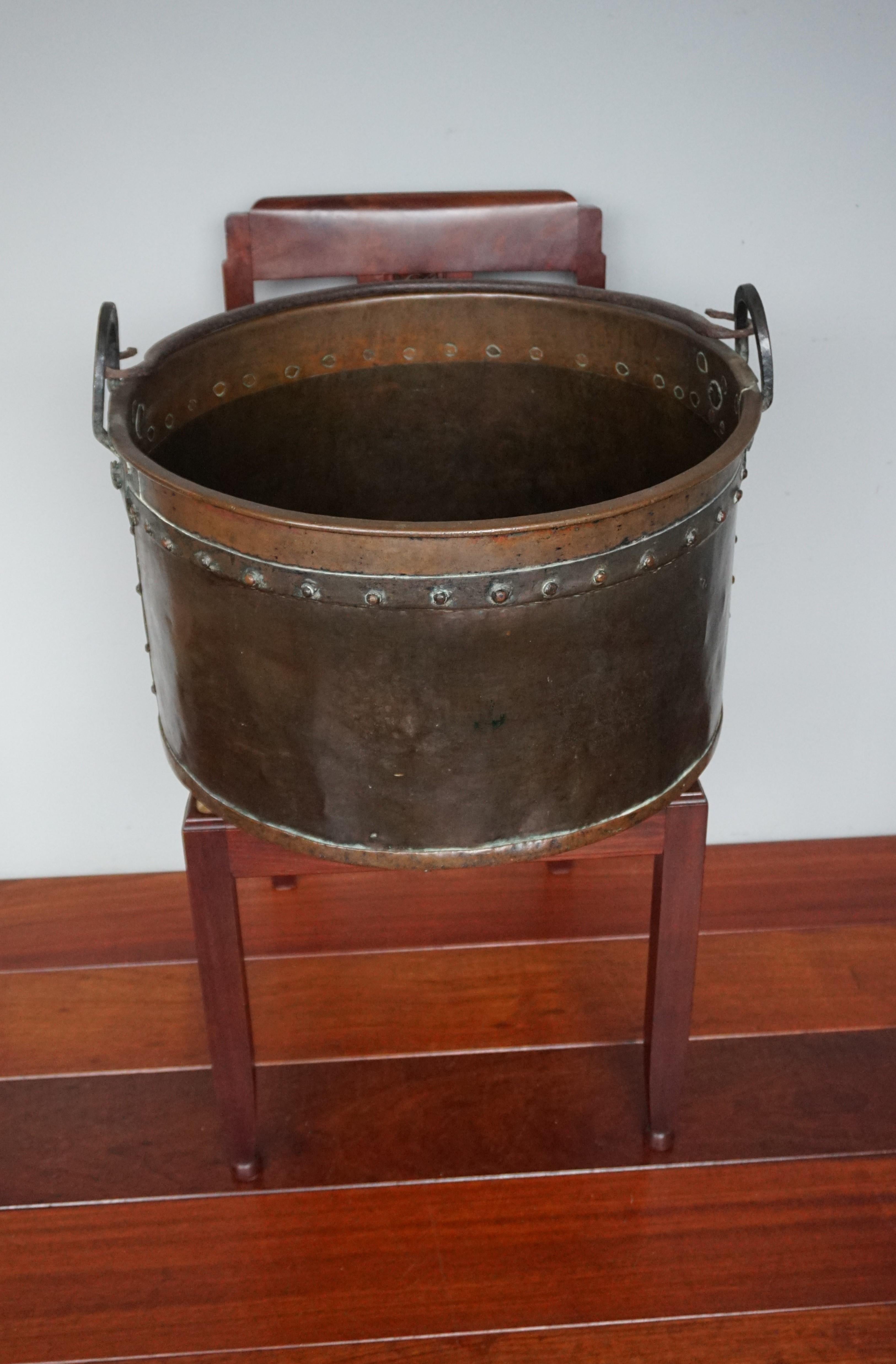 19th Century Antique, Large & Decorative Hand Hammered Copper and Forged Iron Firewood Bucket