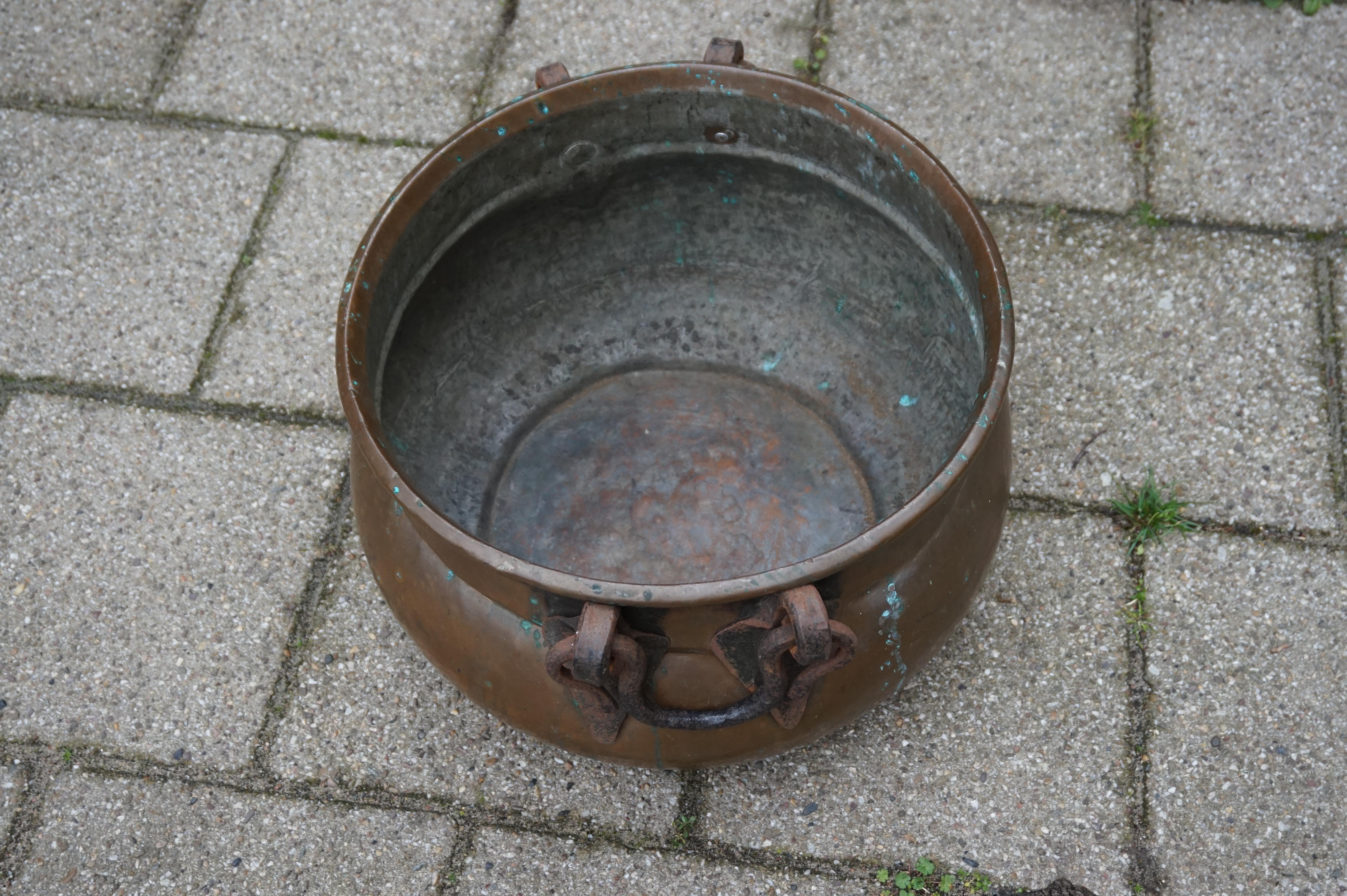 Hand-Crafted Antique, Large & Decorative Hand Hammered Copper & Wrought Iron Firewood Bucket