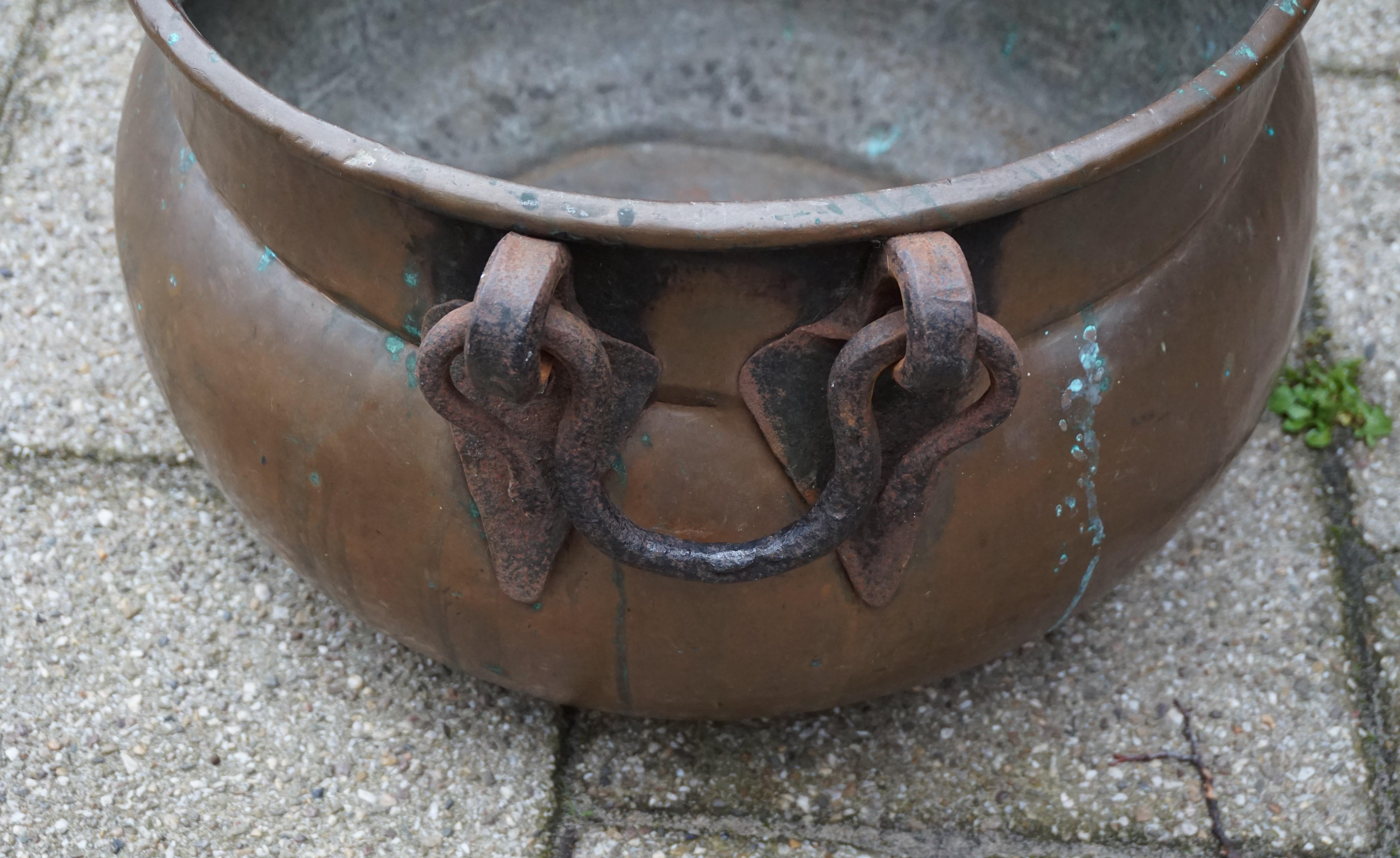 Brass Antique, Large & Decorative Hand Hammered Copper & Wrought Iron Firewood Bucket