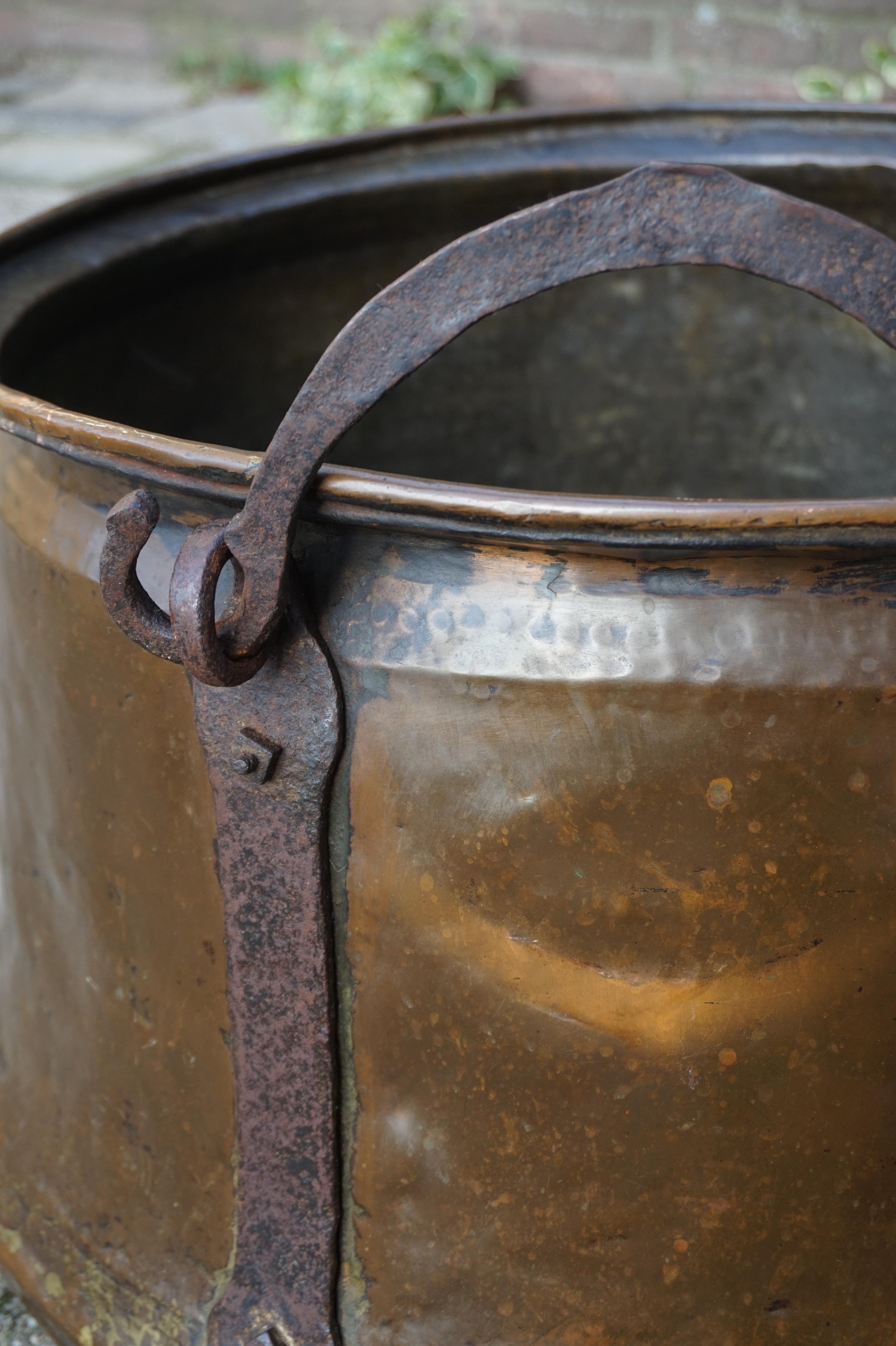 19th Century Antique, Large & Decorative Hand Hammered Copper & Wrought Iron Firewood Bucket
