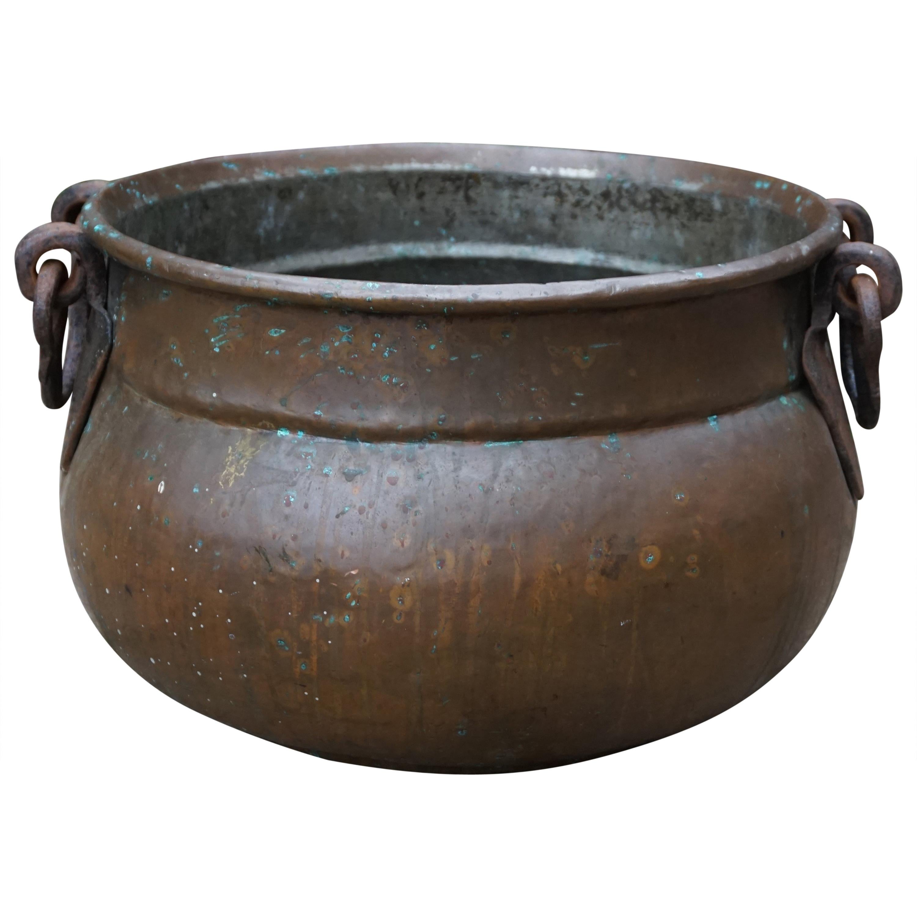Antique, Large & Decorative Hand Hammered Copper & Wrought Iron Firewood Bucket