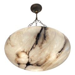 Antique Large & Deep White Alabaster & Black Veins Chandelier / Flush Mount 1920