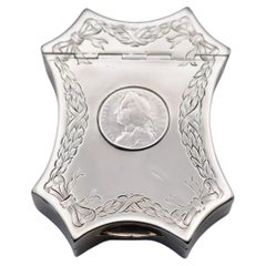 Antique Large Desk Top Silver Coin Embellished W/Detailed Engraving Snuff Box
