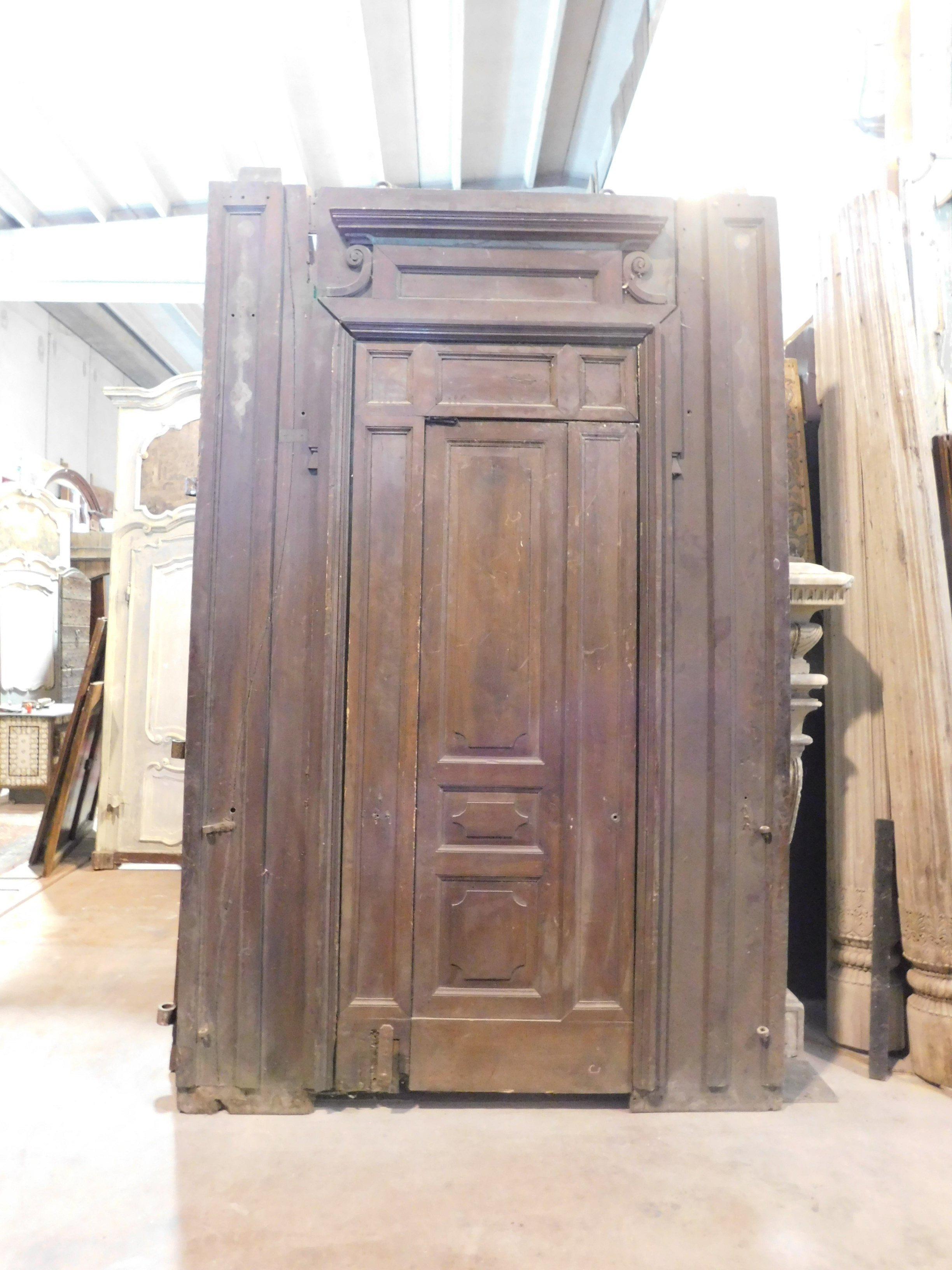 Hand-Carved Antique Large Door in Brown Walnut Wood, Small Internal Door, 1800, Italy For Sale