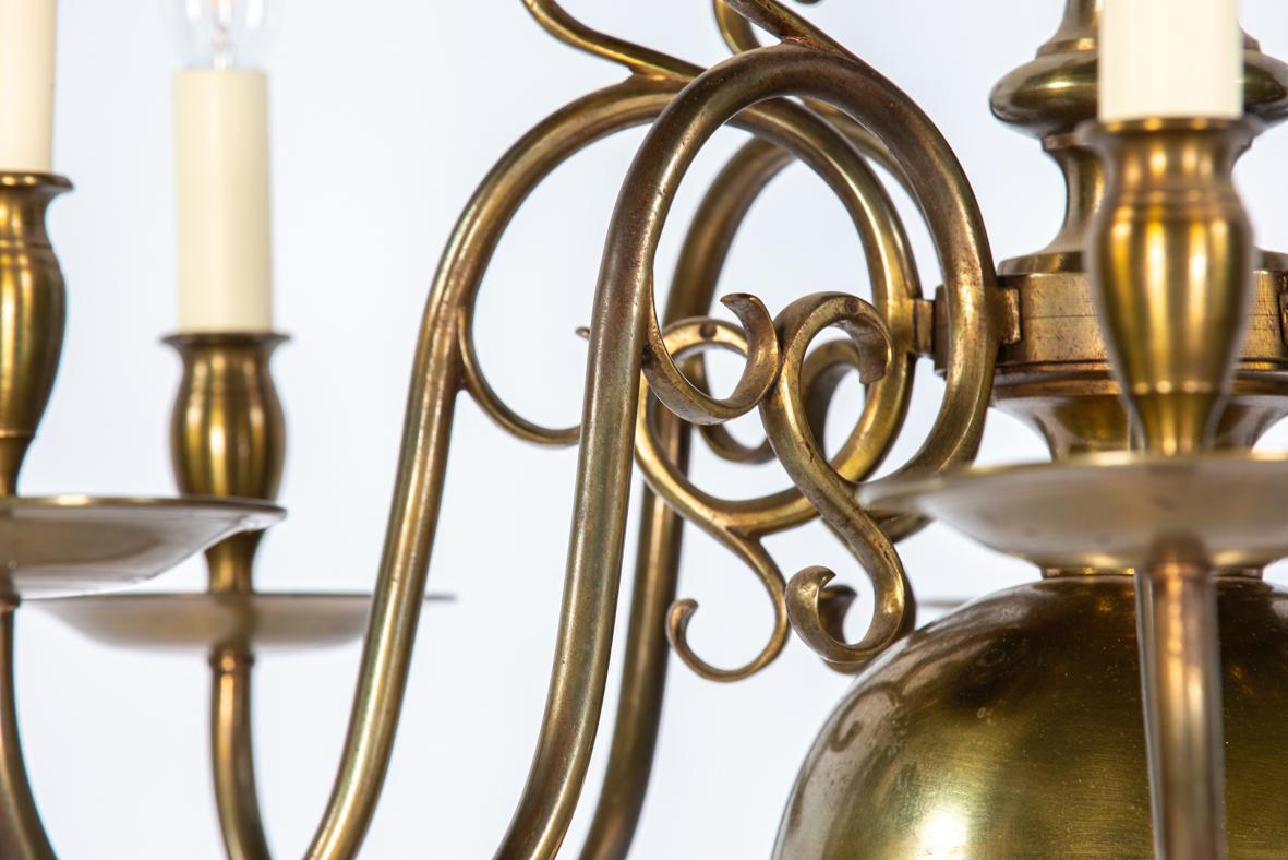 20th Century Antique large Dutch or Flemish patinated brass 8 light electric chandelier For Sale