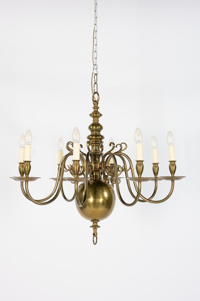 Brass Antique large Dutch or Flemish patinated brass 8 light electric chandelier For Sale